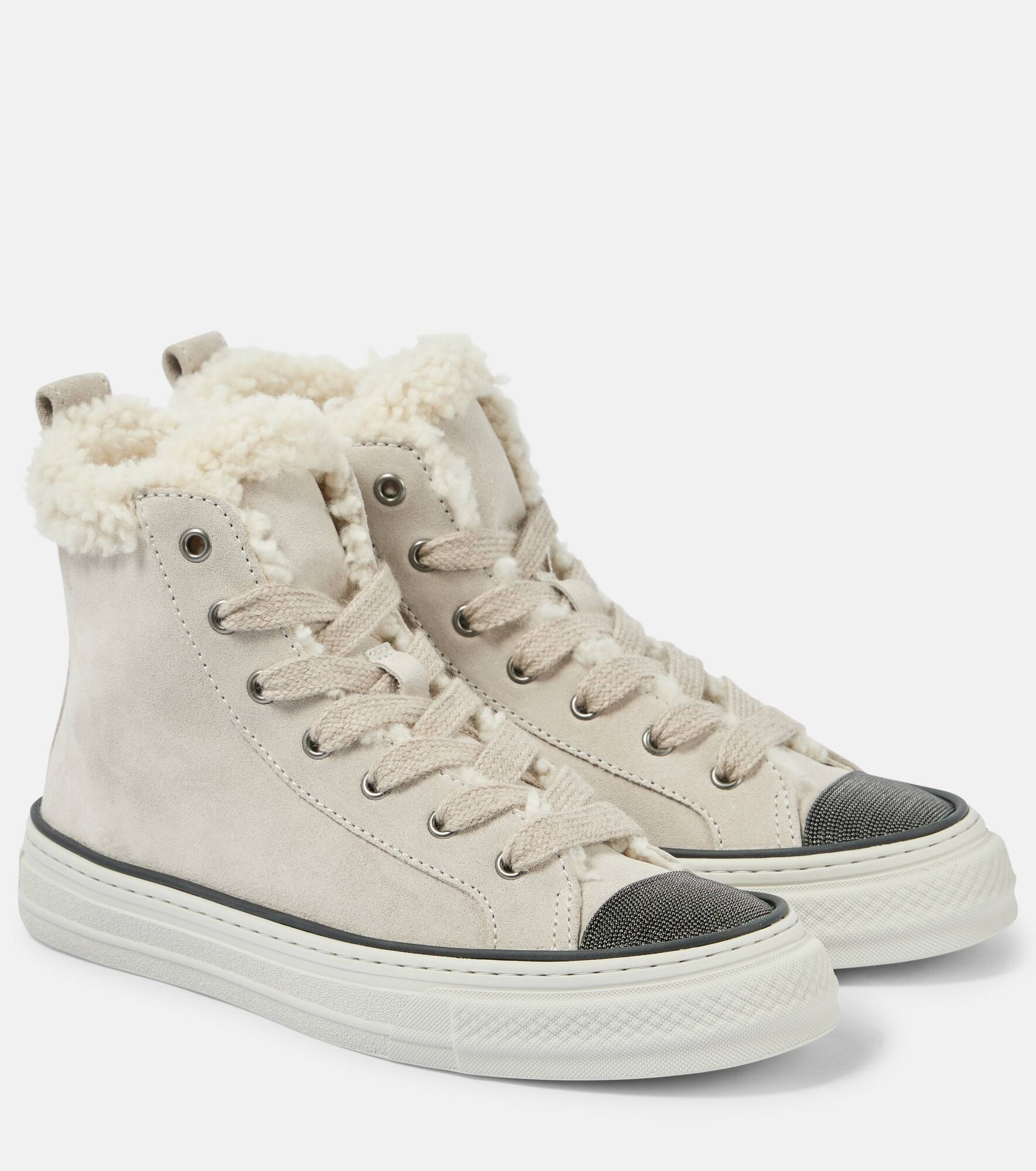 Shearling-trimmed suede high-top sneakers - 1