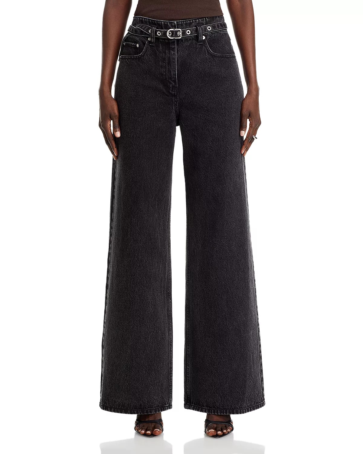 Belted Wide Leg Jeans In Washed Black - 7