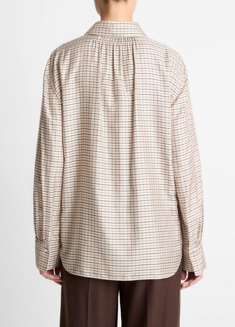 Vince Smocked Micro-Check Button-Front Shirt outlook