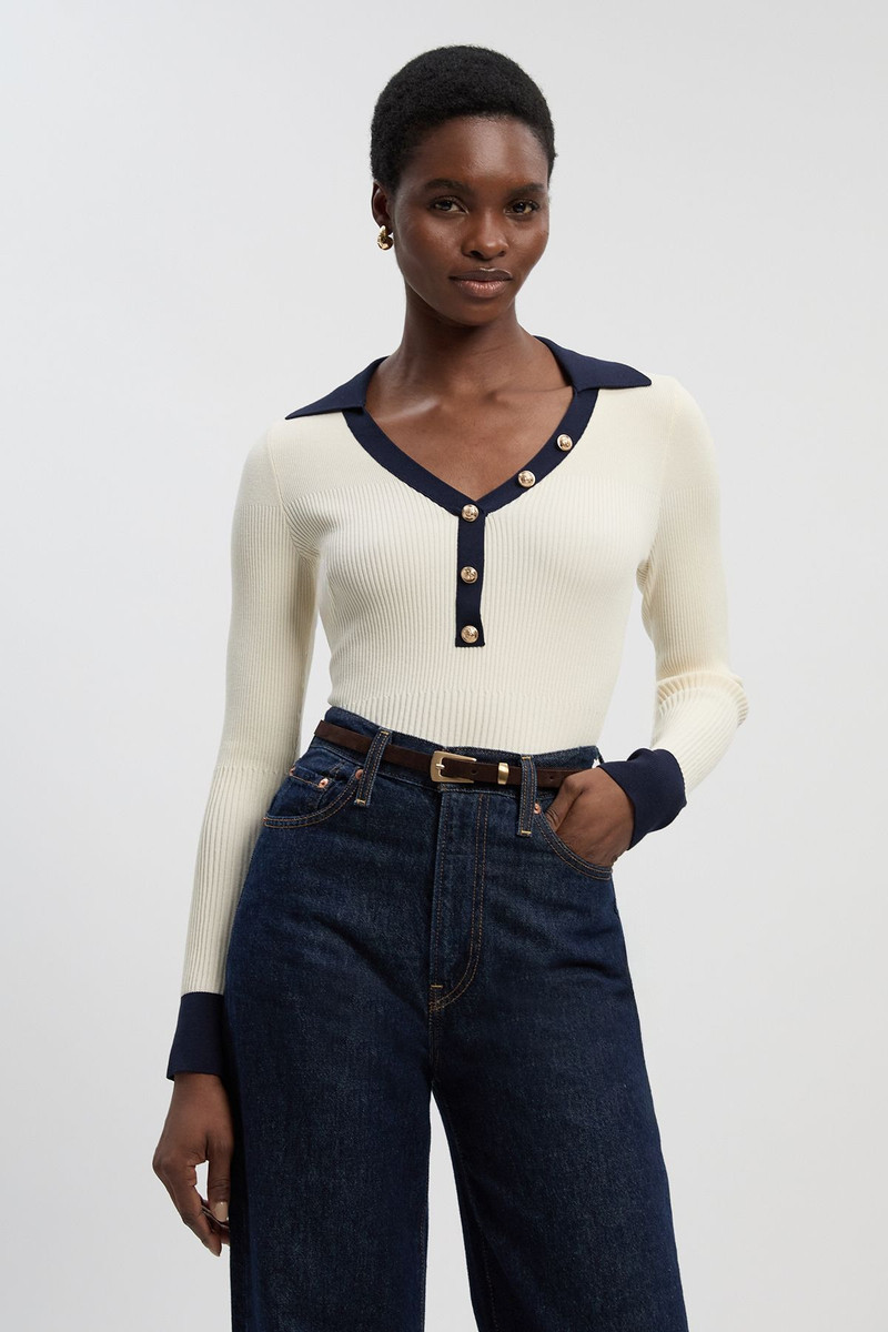KAREN MILLEN Knit Rib With Contrast Hem Detail Collared Top outlook