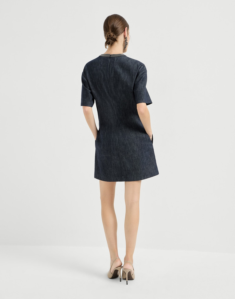 Cotton denim-effect twill t-shirt dress with precious collar 3