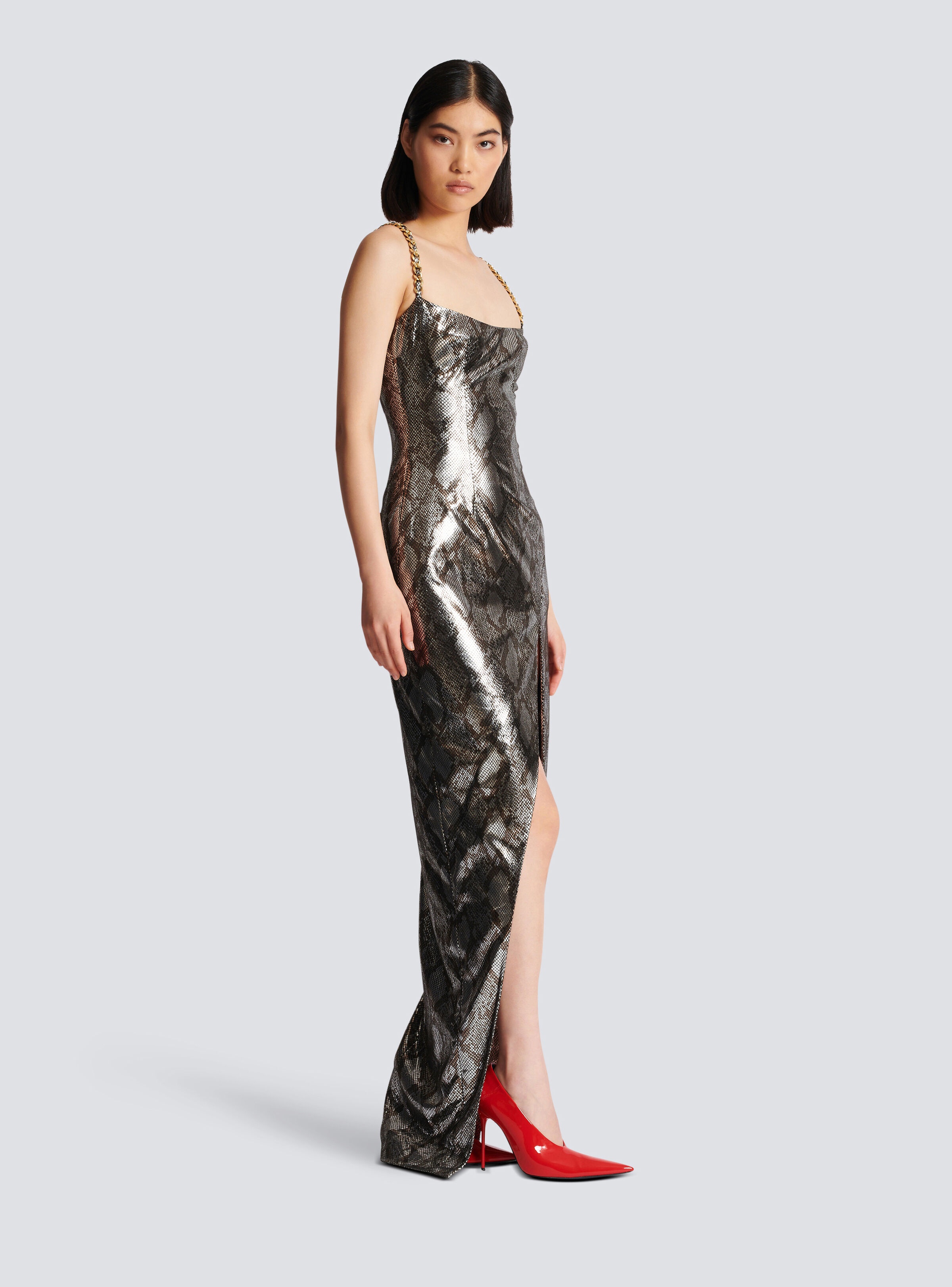 chinese dress ladies GOLDEN BABY MAXI SATIN DRESS WITH GOLD CHAIN TRIM BLACK – AKIRA