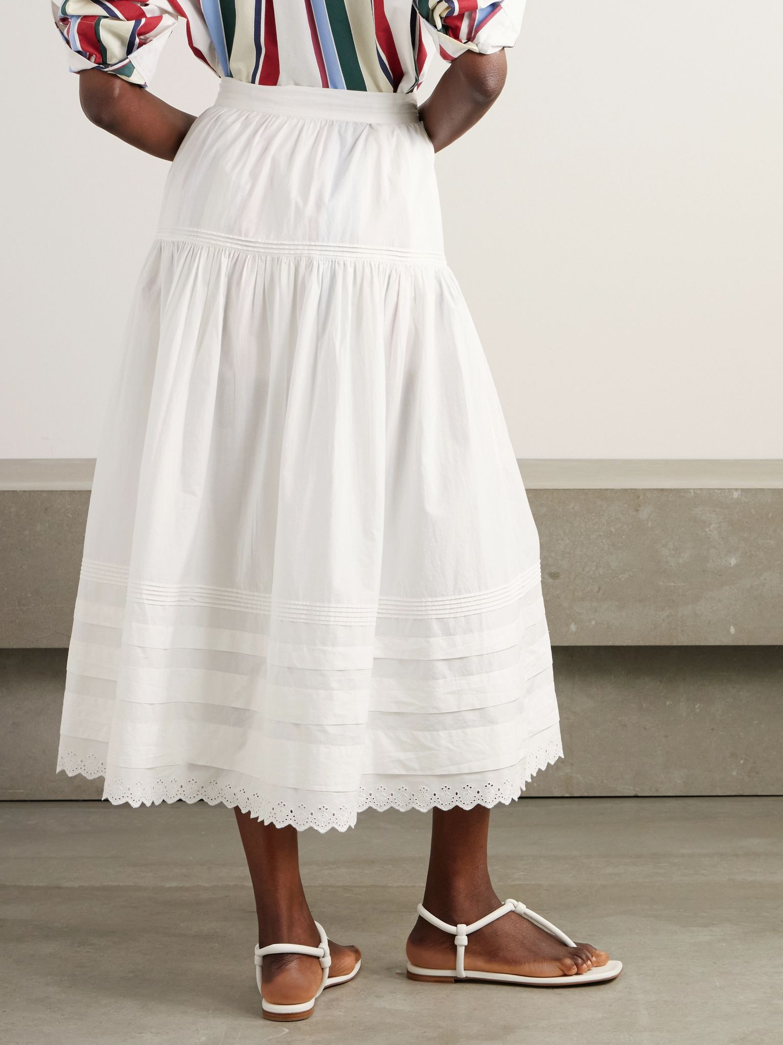 Sebastiane broderie anglaise-trimmed organic cotton-poplin midi skirt White - 3