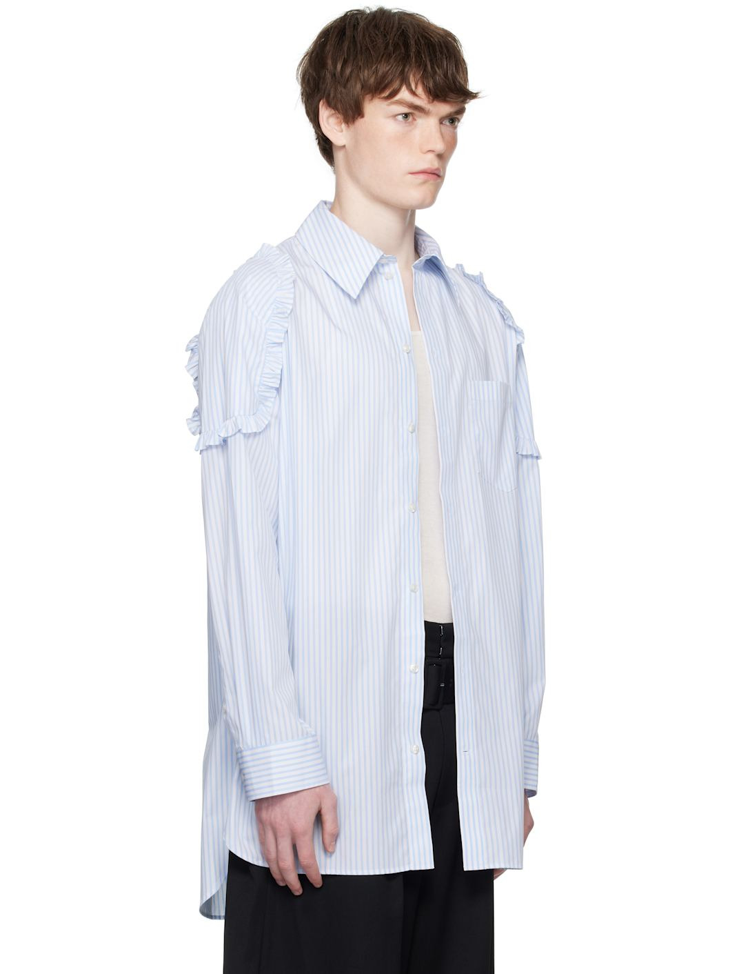 White & Blue Ruffle Shoulder Patch Tunic Shirt - 2