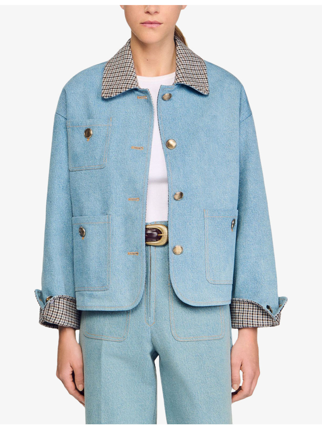Checked-Collar Patch-Pocket Denim Jacket - 3