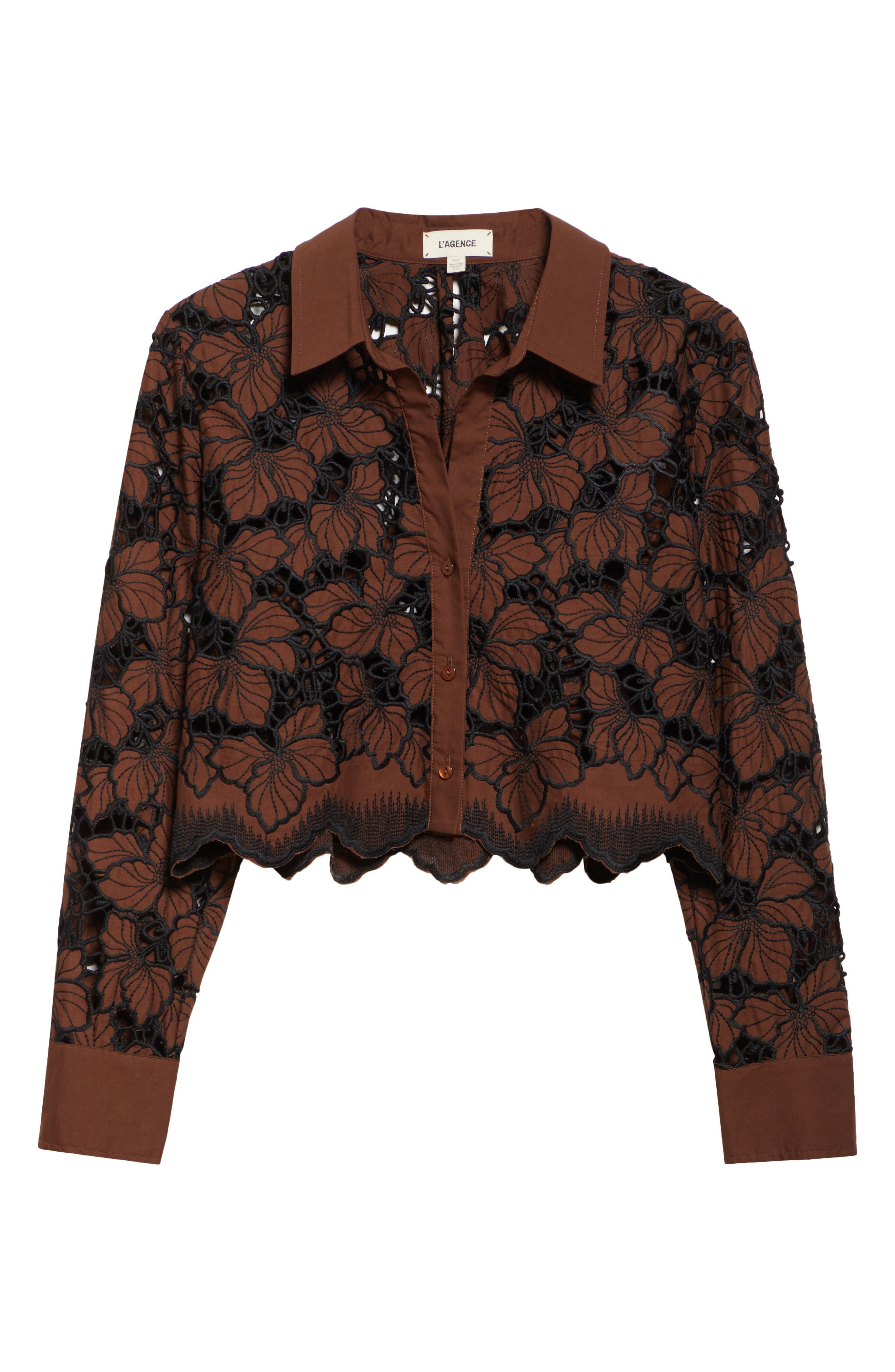 L'AGENCE Seychelle Cutwork Crop Shirt in Hot Fudge/black at Nordstrom - 6