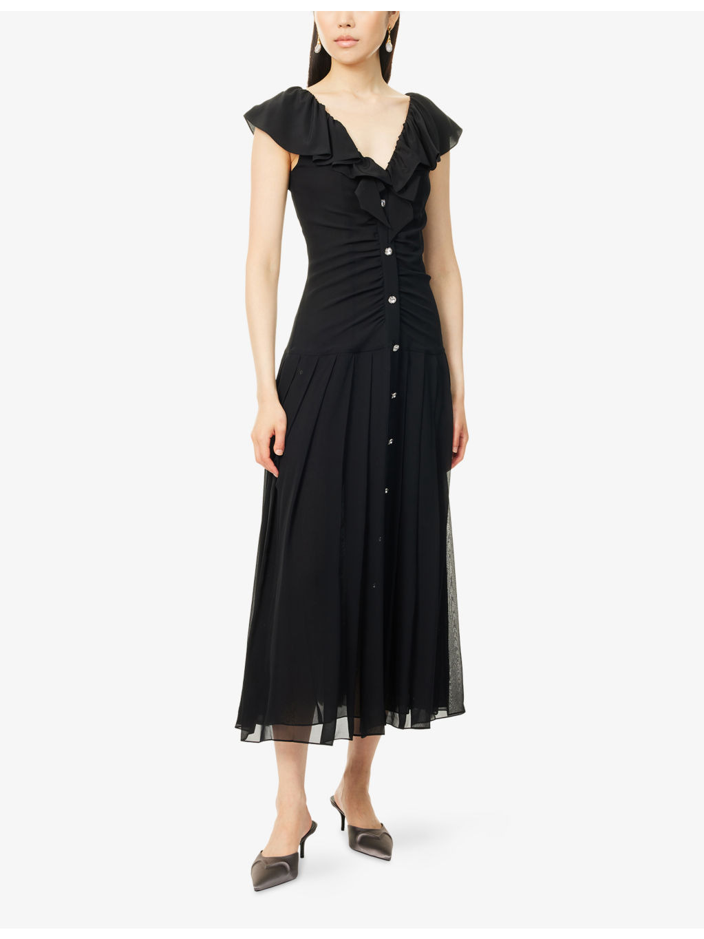 Pleated V-Neck Silk Midi Dress - 3