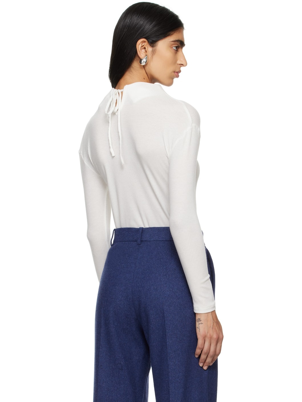 White Structured Collar Long Sleeve T-Shirt - 3