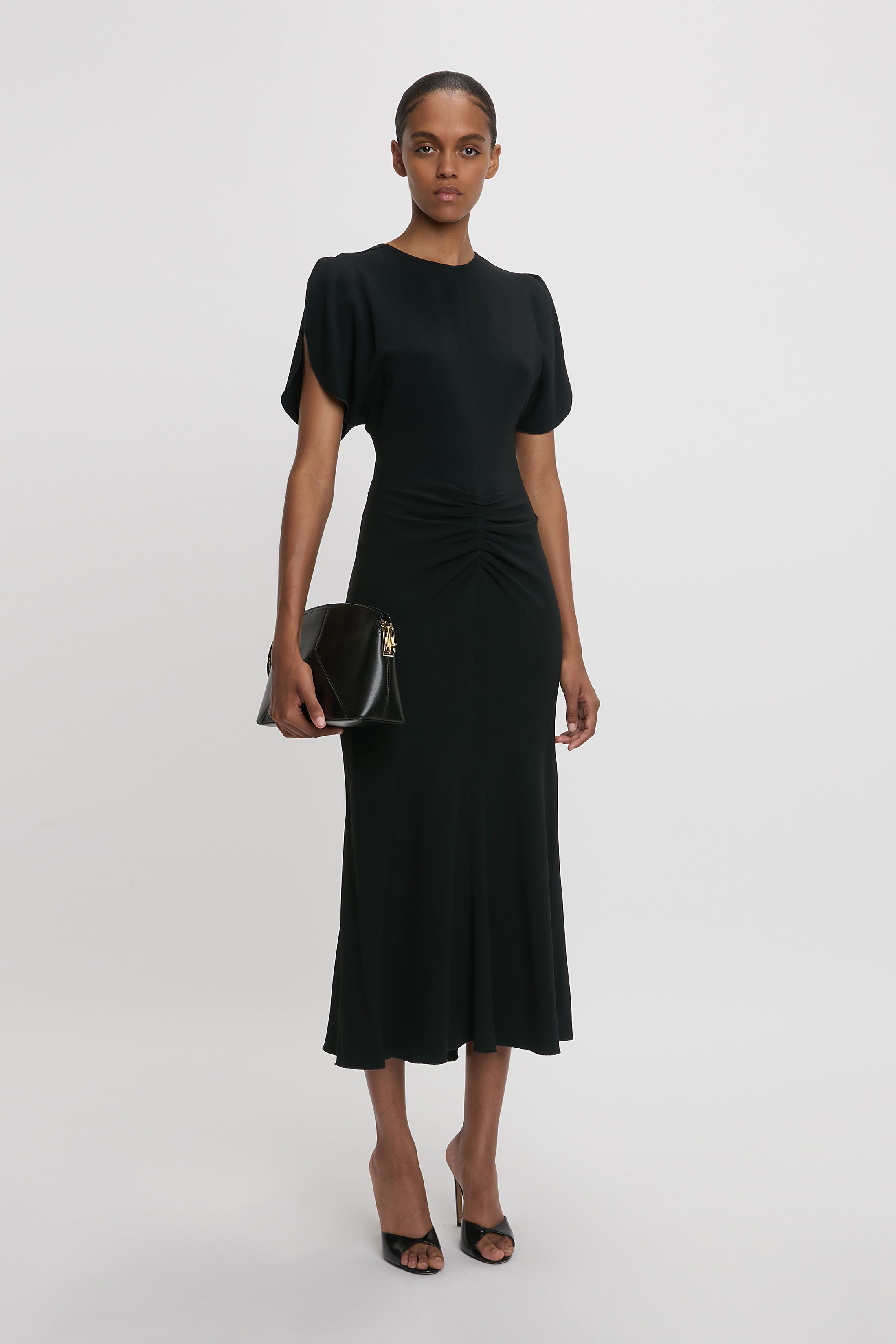 Gathered Waist Midi Dress In Black - 6