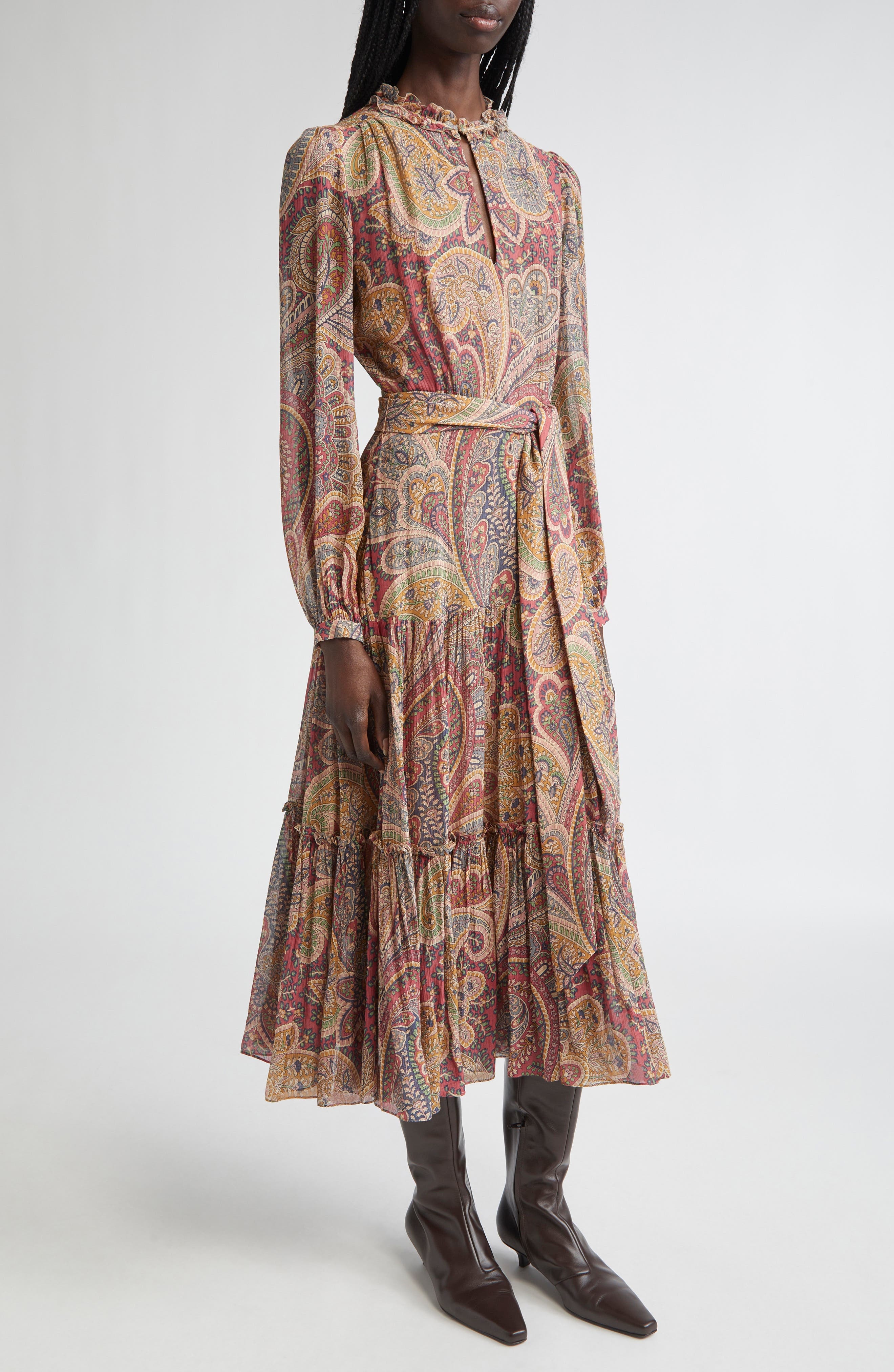 Etro Paisley Print Long Sleeve Belted Crepon Midi Dress in Bordeaux at Nordstrom - 1
