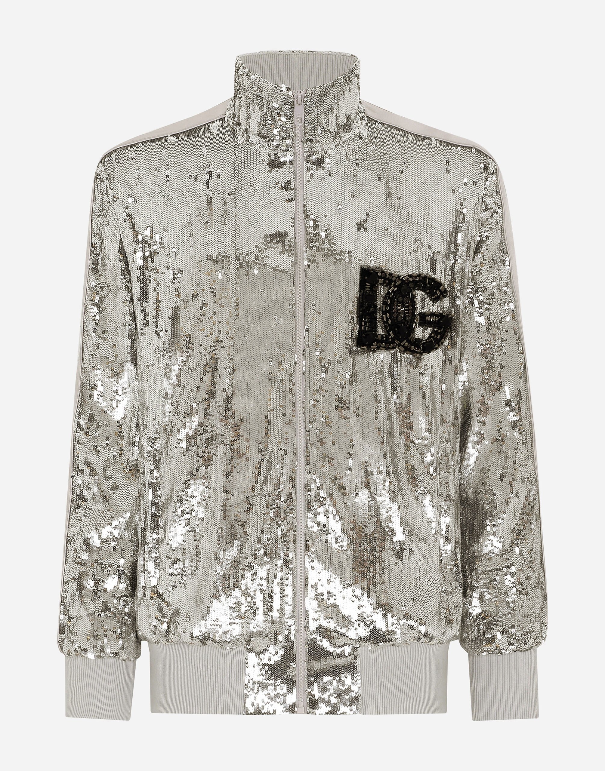 Sequined zip-up sweatshirt with rhinestone-detailed DG patch - 1