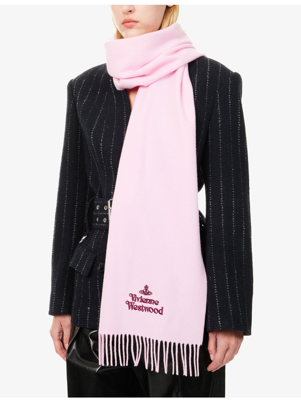 Brand-Embroidered Fringed Wool Scarf - 2
