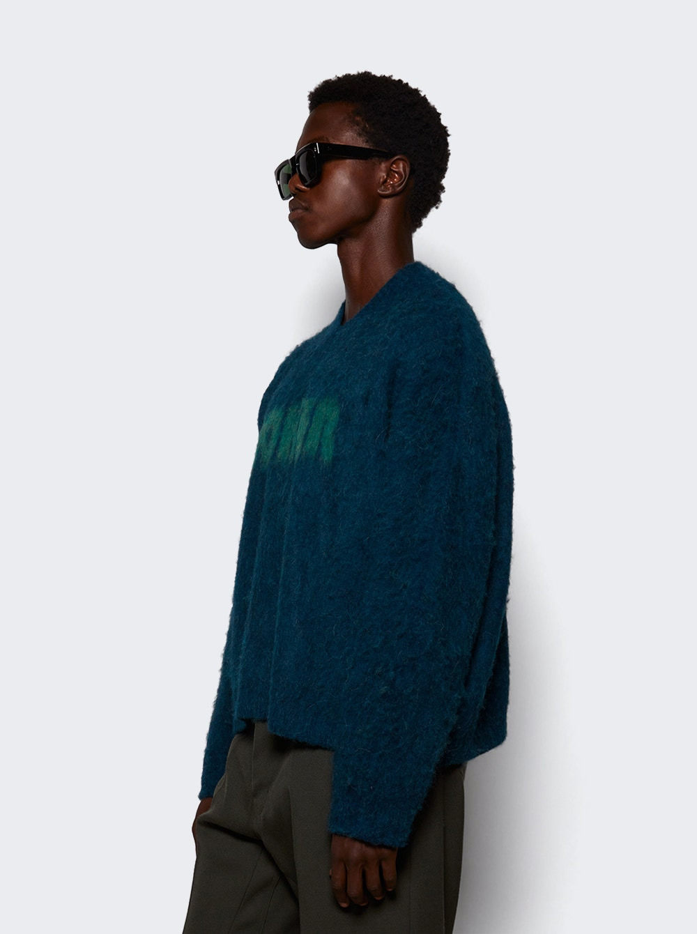 Brushed Mohair V-neck Sweater Dark Green - 3