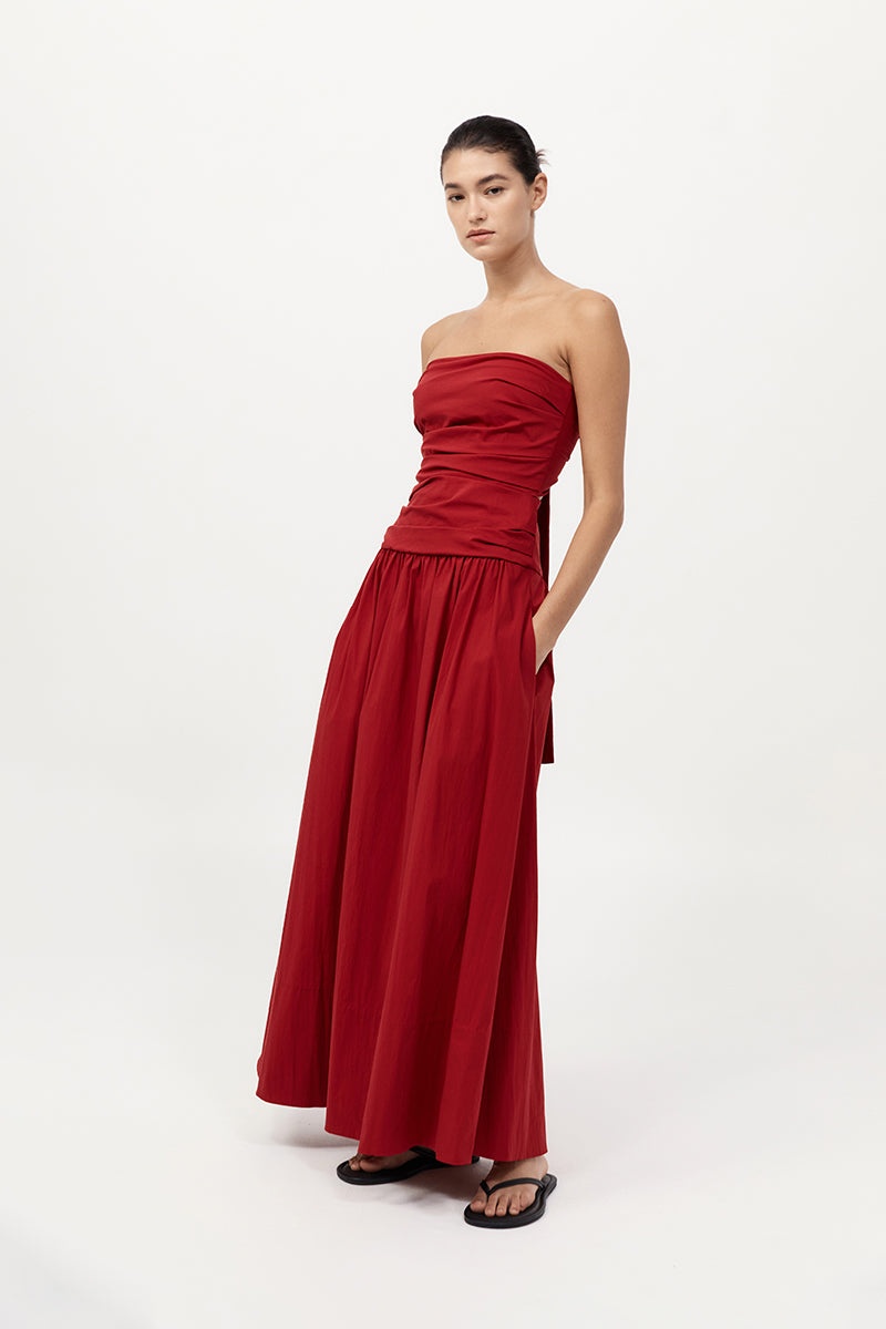 Gathered Strapless Tie Back Dress - Rosso - 5