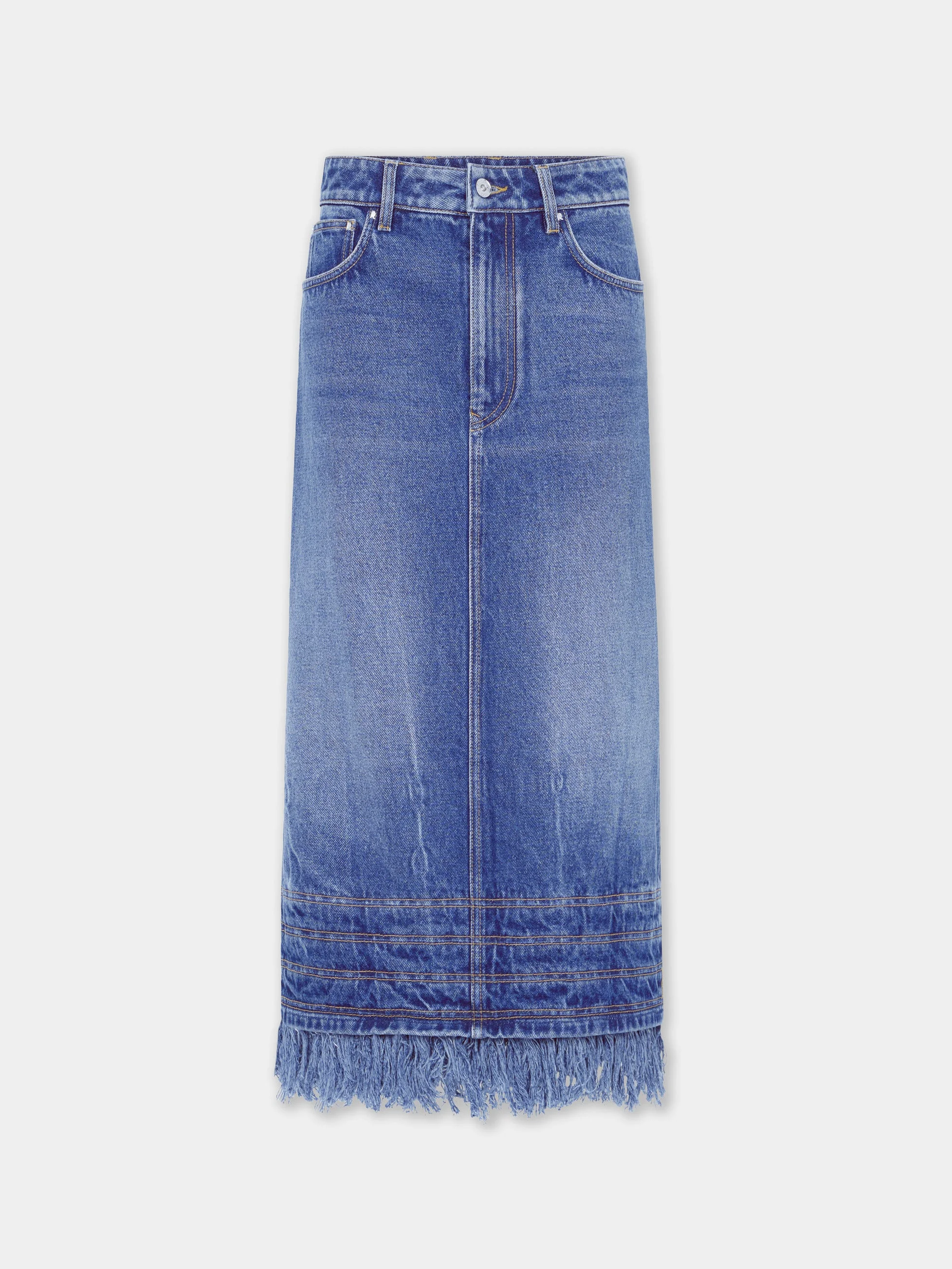 MIDI SKIRT IN WASHED DENIM WITH FRINGES - 1