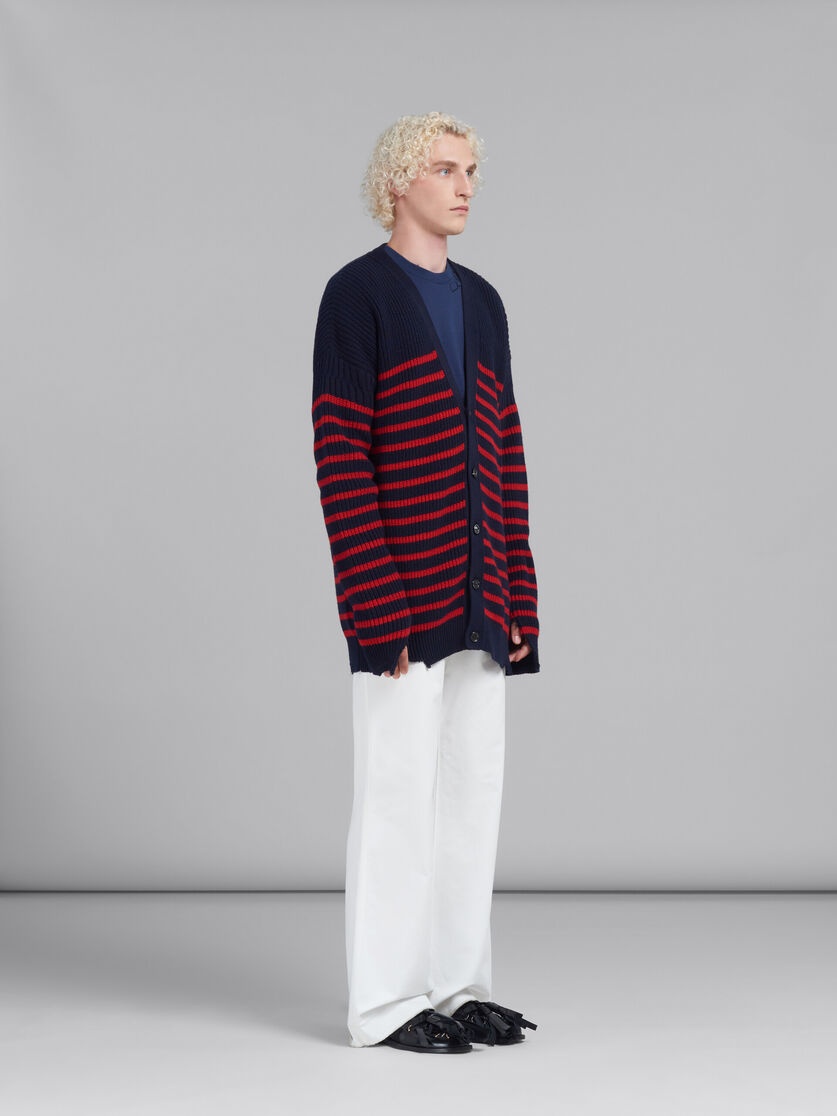 BLUE WOOL AND COTTON STRIPED FISHERMAN CARDIGAN - 5
