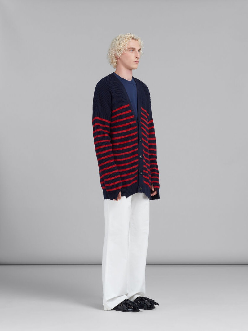 BLUE WOOL AND COTTON STRIPED FISHERMAN CARDIGAN 5