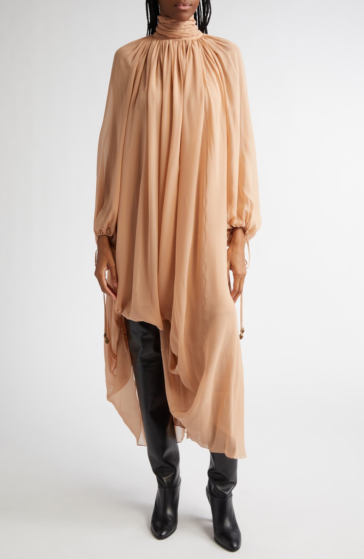 Chloé Long Sleeve Silk Georgette Dress in Sand Brown at Nordstrom - 1