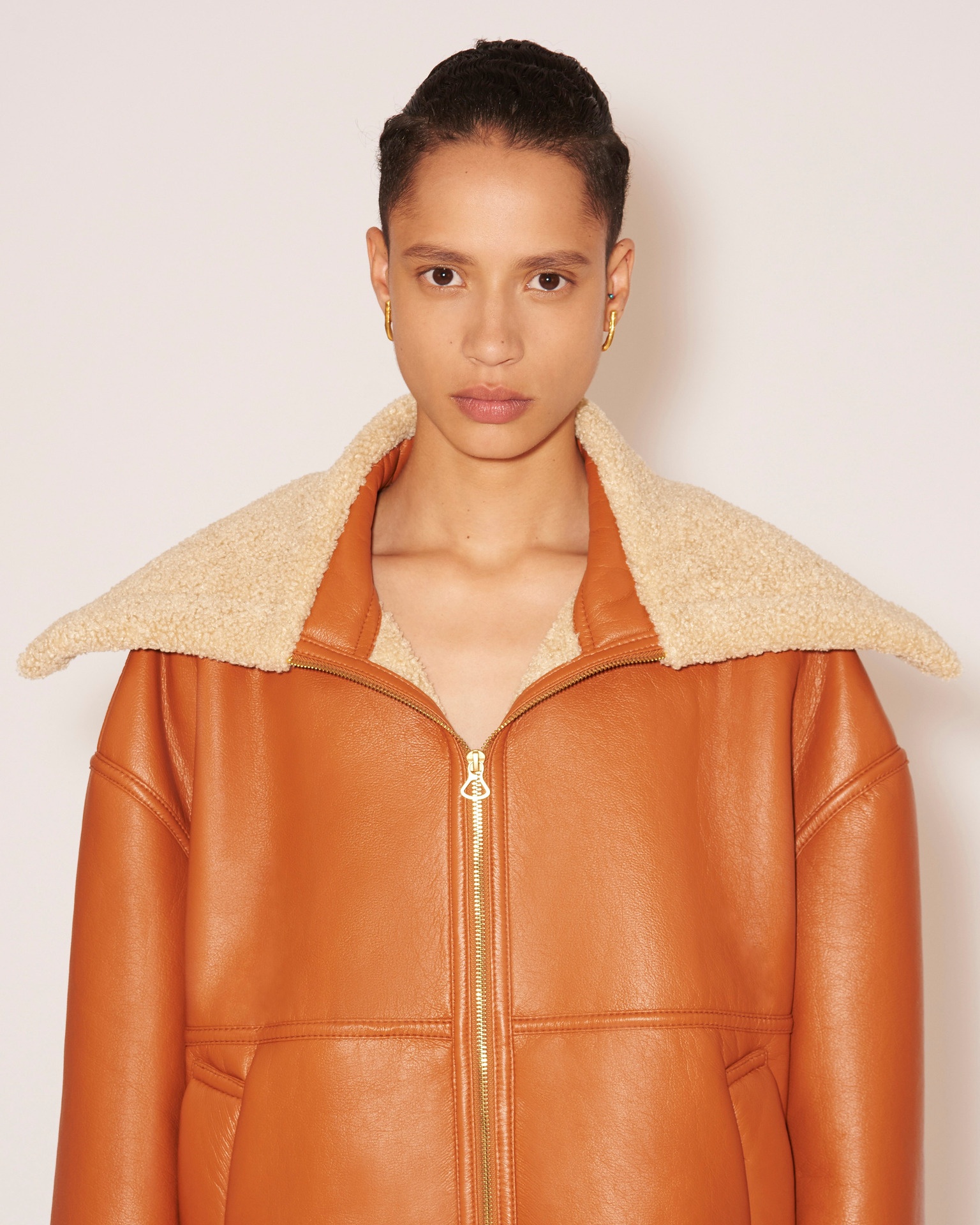NAEL - Bonded shearling contrast collar aviator jacket - Rust&Beige - 5