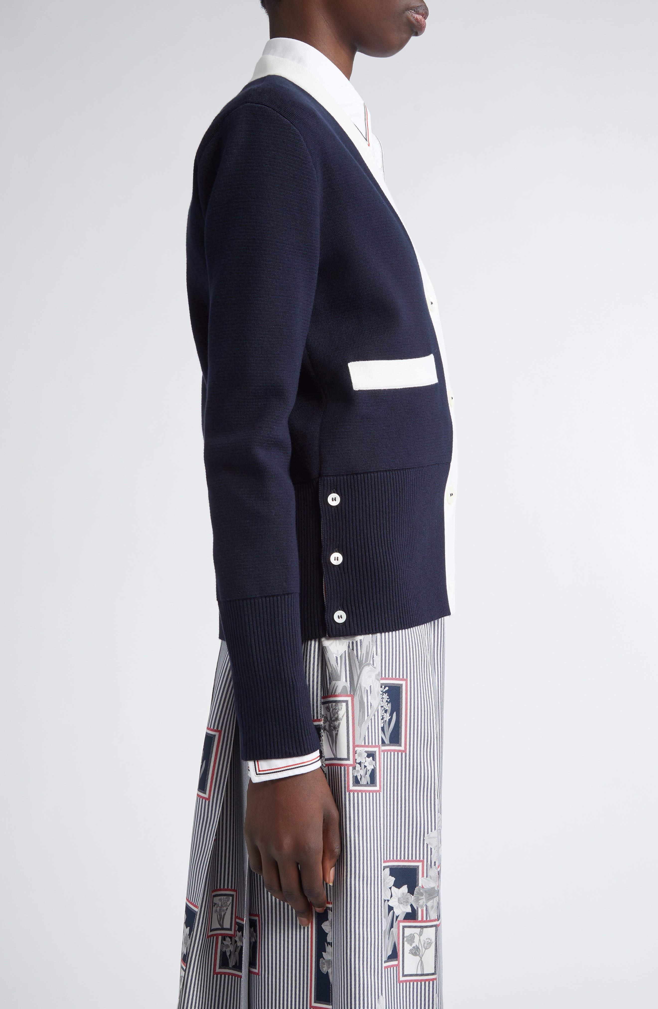 Thom Browne 4-Bar Contrast Trim Cotton Cardigan in Navy at Nordstrom - 4