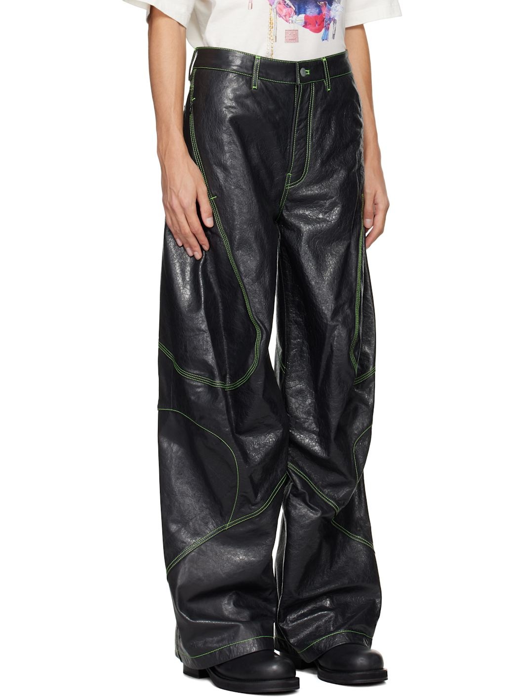 Gray Embroidered Leather Pants - 2