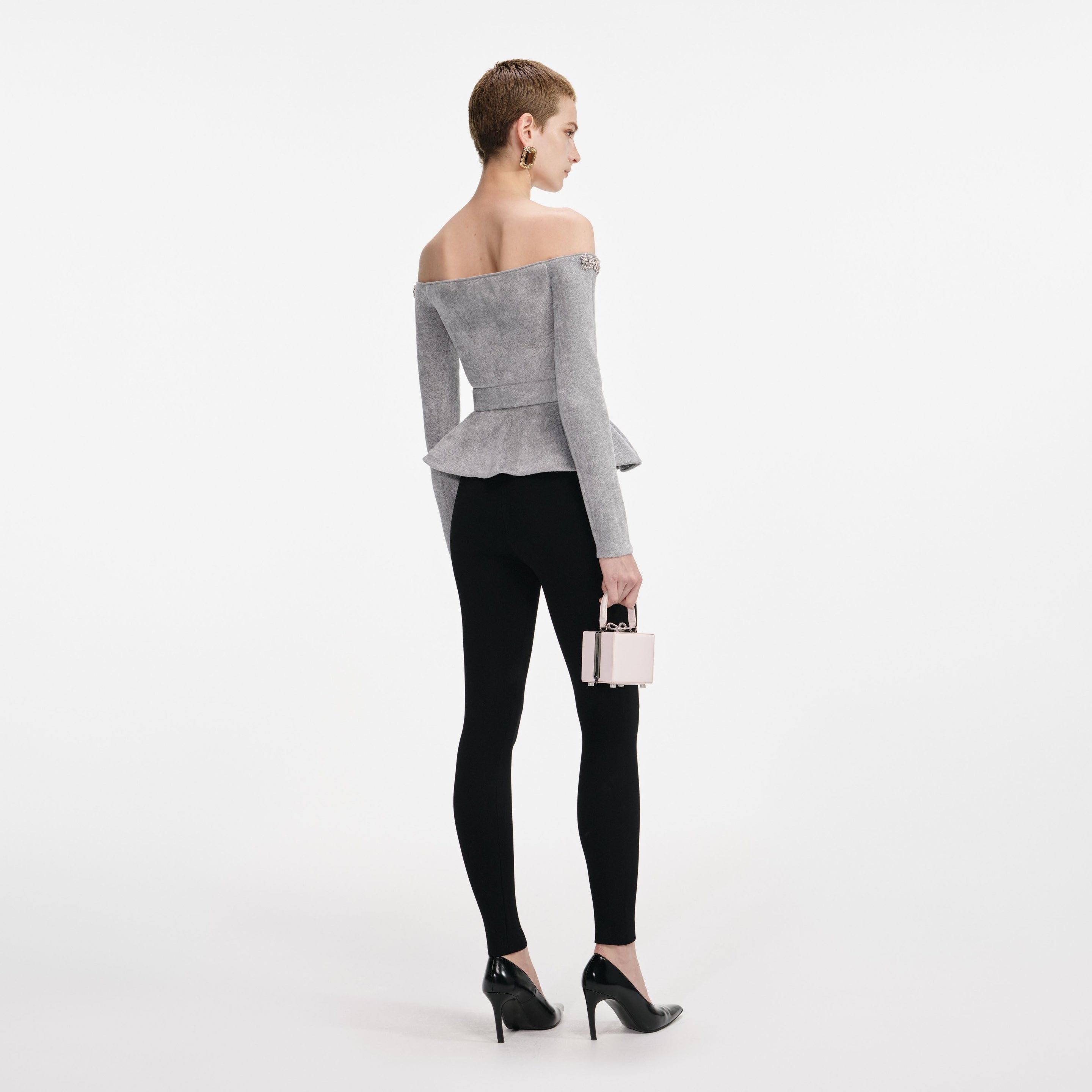 Grey Chenille Knit Crystal Trim Top - 3