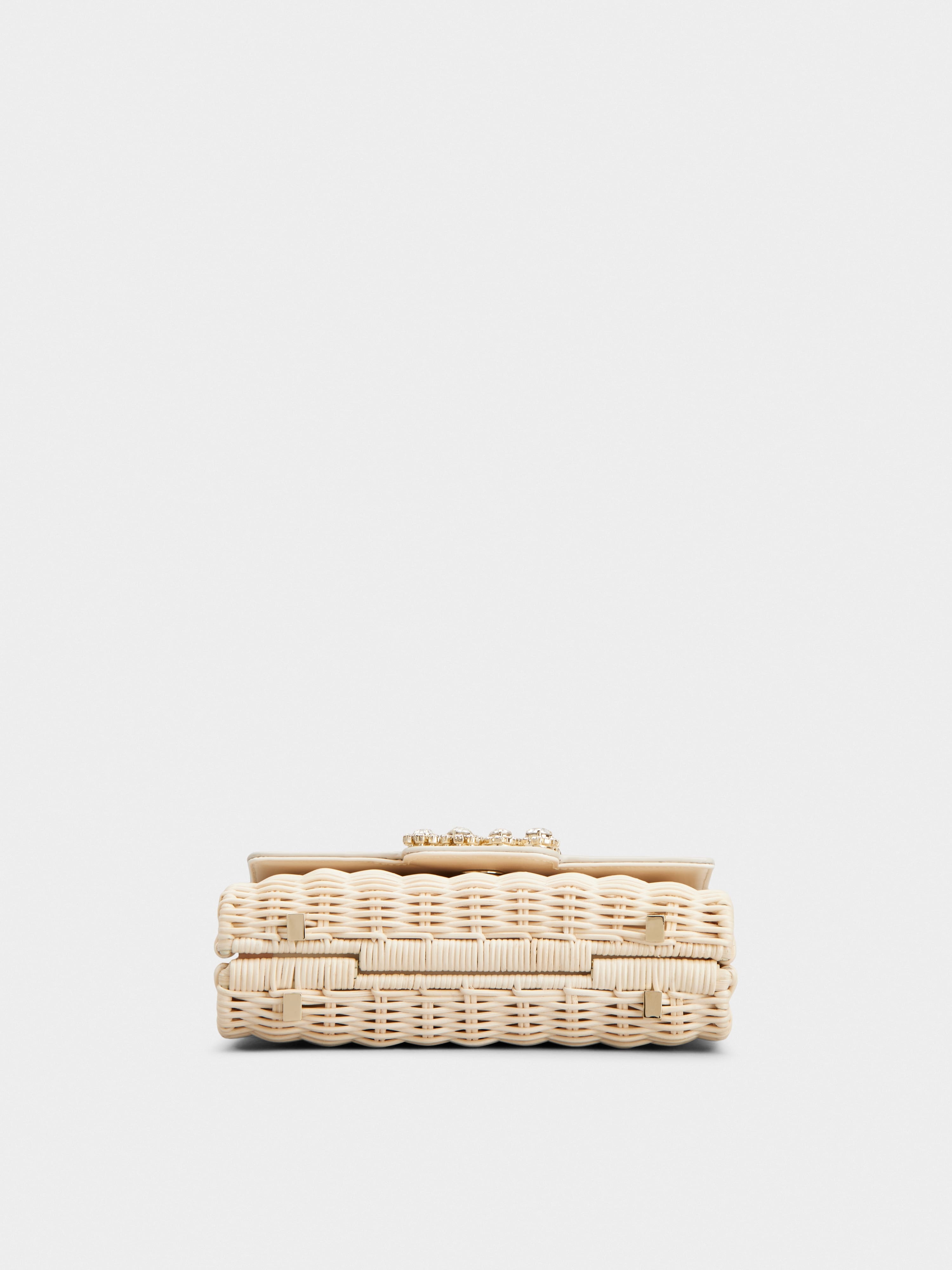 Wicker Jewel Mini Flower Strass Buckle Clutch Bag in Leather and Rattan - 5