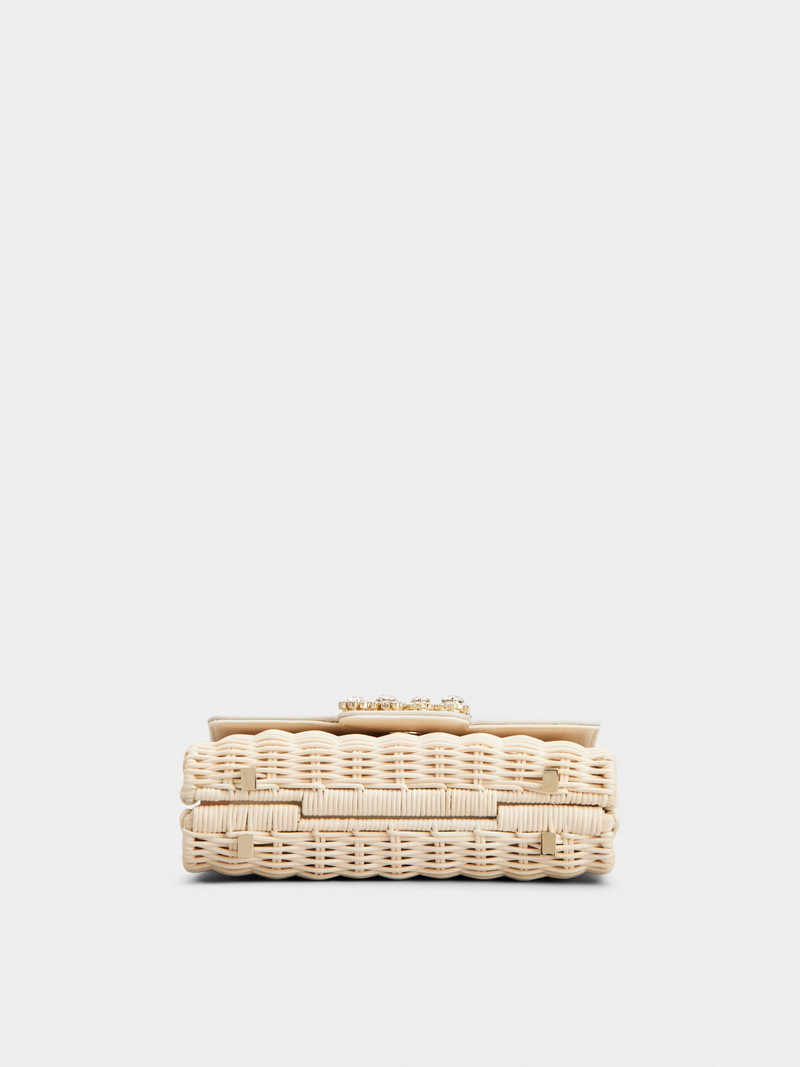 Wicker Jewel Mini Flower Strass Buckle Clutch Bag in Leather and Rattan 5