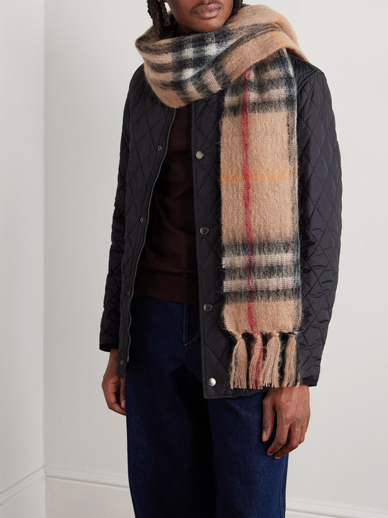 Burberry Fringed Checked Mohair-Blend Scarf Sand outlook
