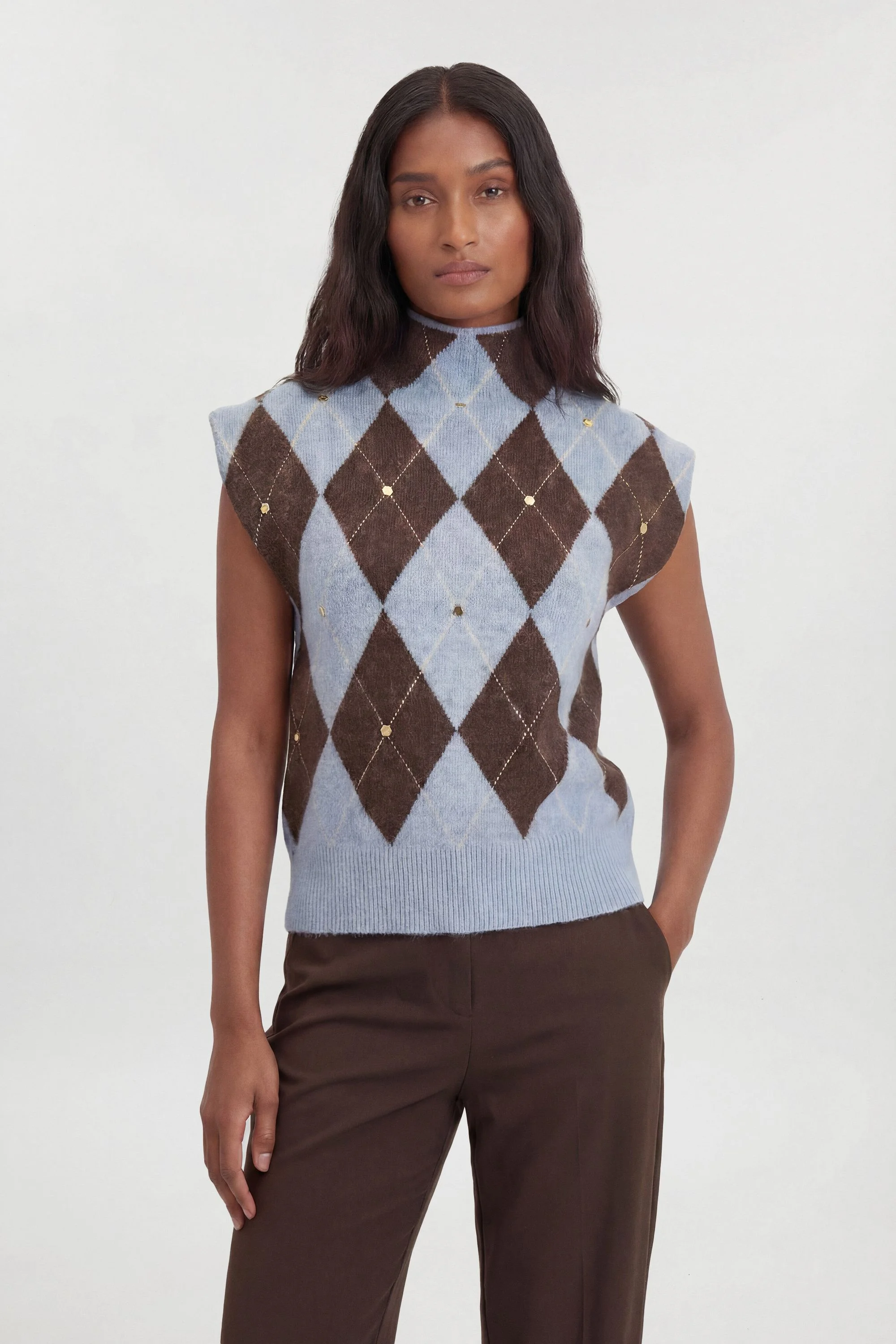 Studded Argyle Wool Blend Cosy Knitted Top - 1