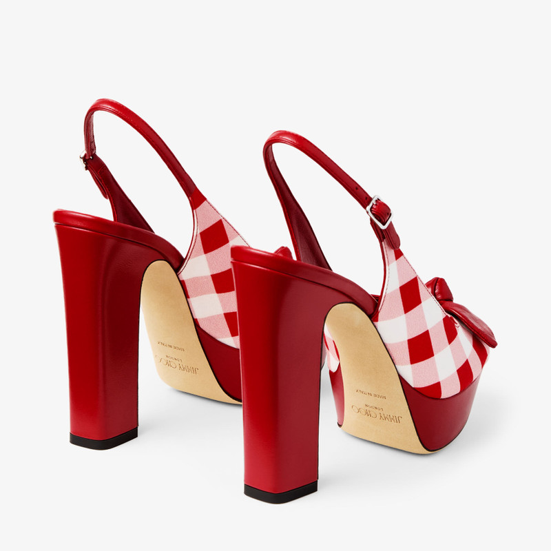 JIMMY CHOO Ziva 120
Ruby Red Mix Gingham Cotton Platform Sandals with Bow outlook