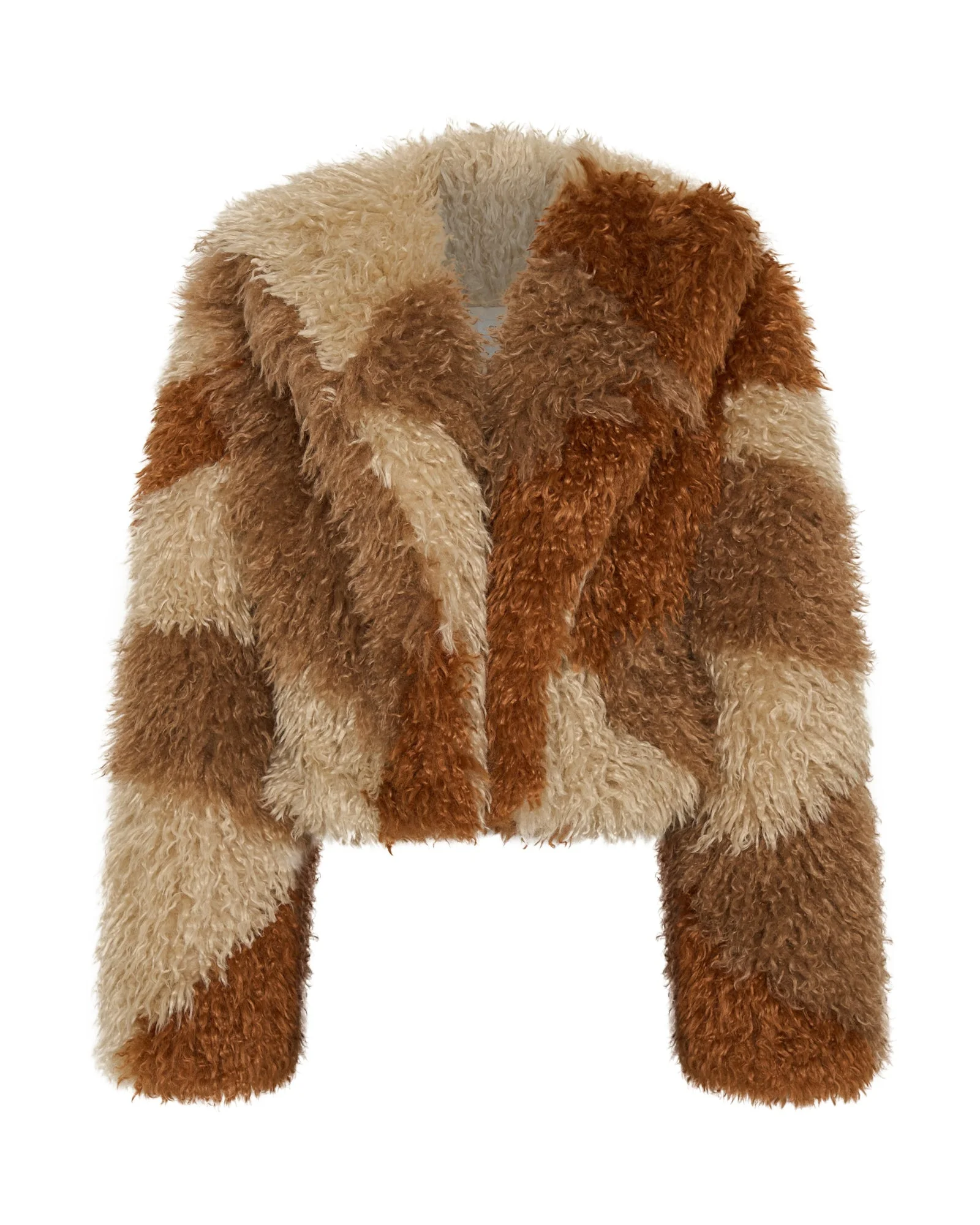 Mongolian Cropped Faux Fur Jacket - Tan - 1