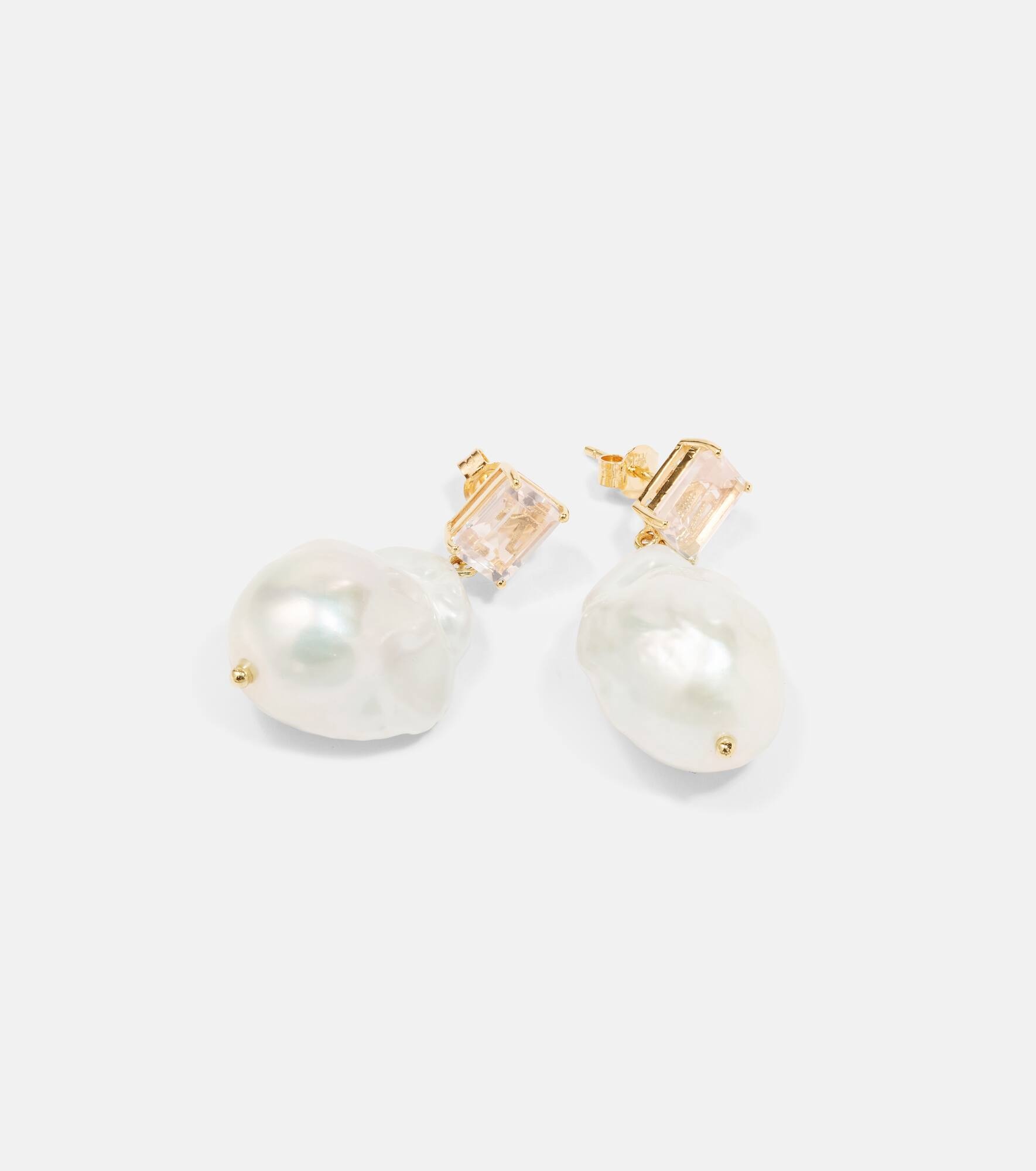 14kt gold drop earrings with rose quartz and Baroque pearls - 4