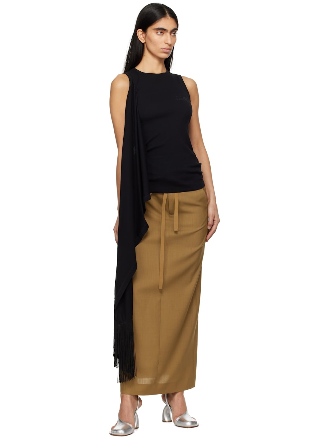 Tan Tailoring Wool Canvas Tie Maxi Skirt - 5