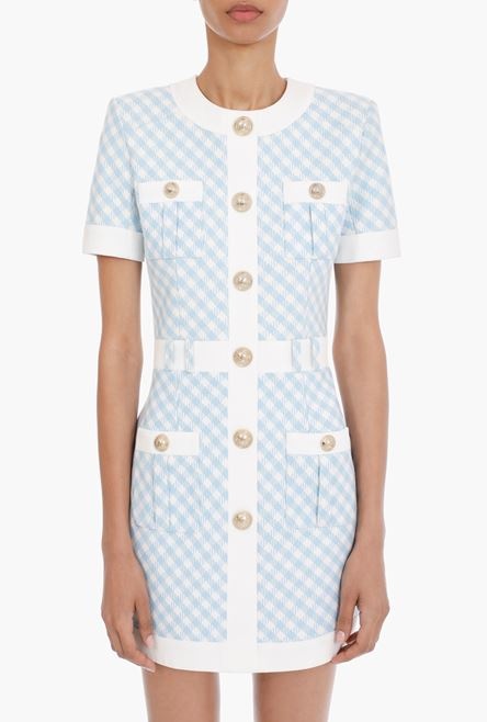 Short blue and white gingham-print cotton dress - 8