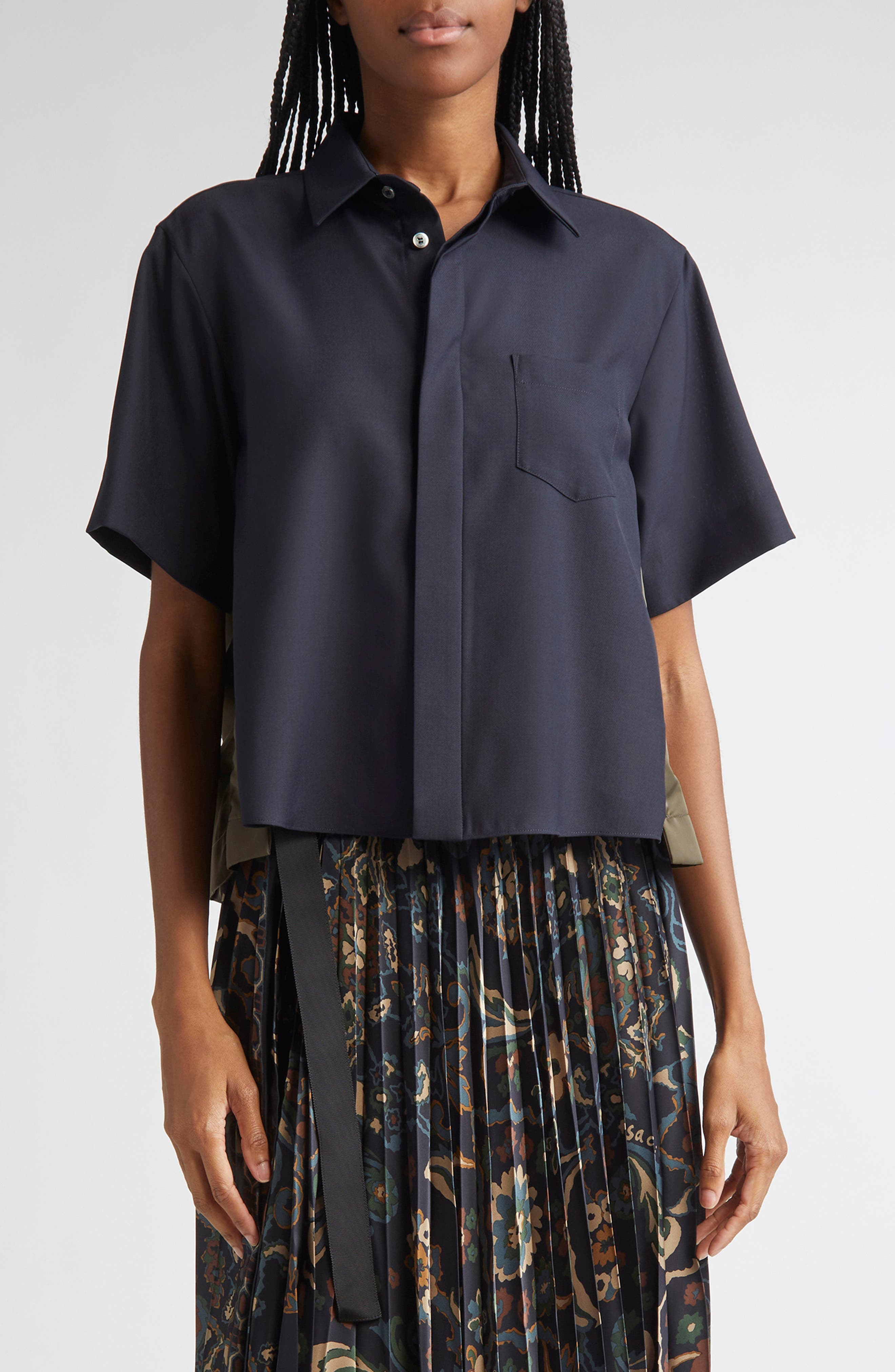 Sacai Suiting Fabric Mix Button-Up Camp Shirt in Navy/Dark Khaki at Nordstrom - 1