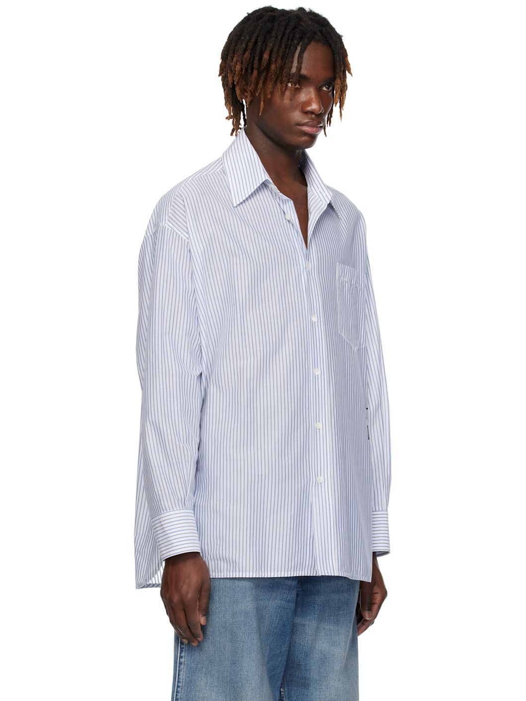 White & Blue Asymmetric Striped Poplin Shirt - 2
