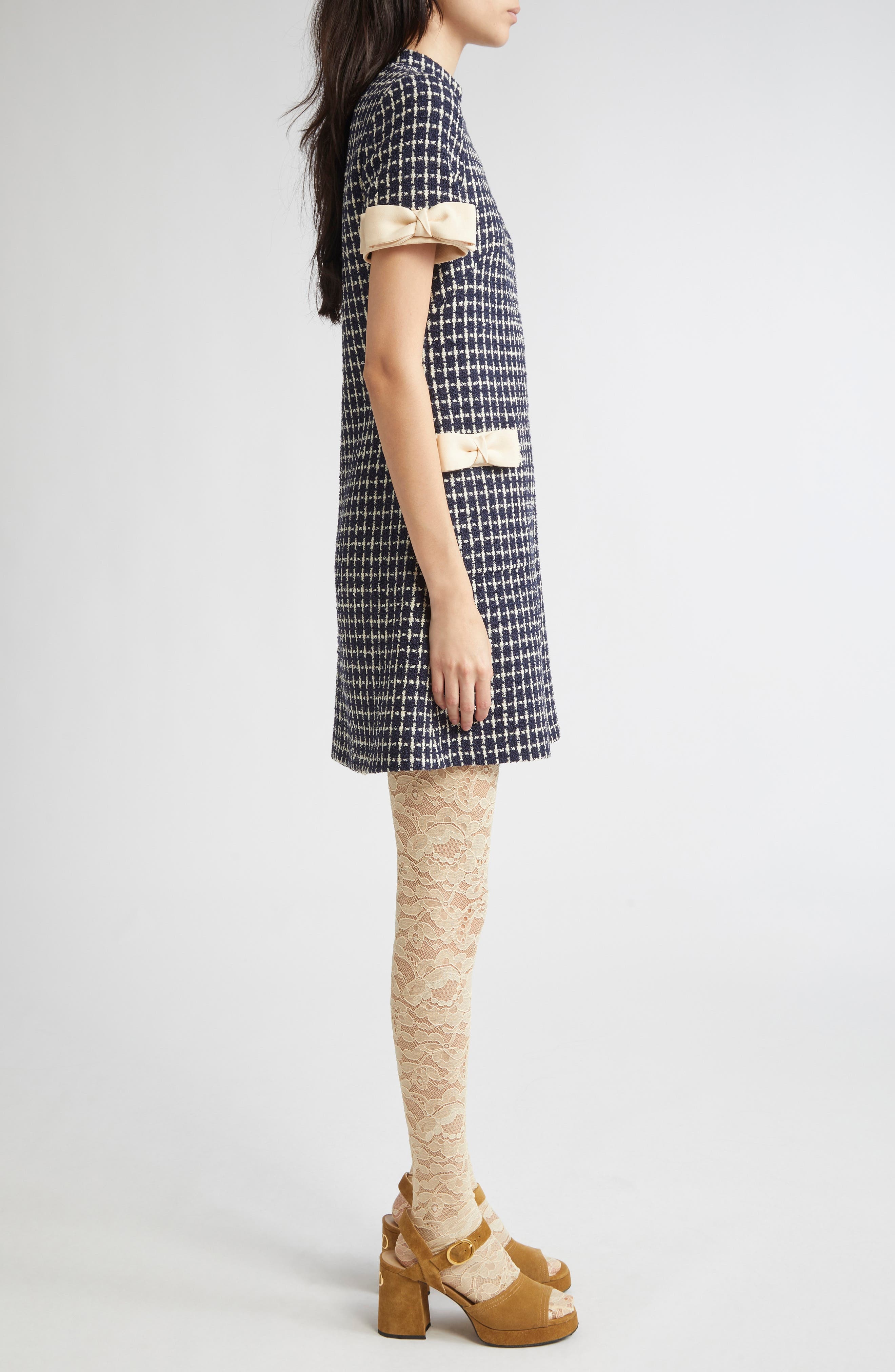 Valentino Garavani Bow Detail Wool & Silk Bouclé Dress in White/Navy at Nordstrom - 3
