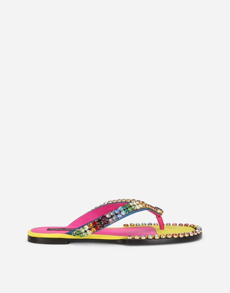 Leather thong sandals with multi-colored crystals - 1