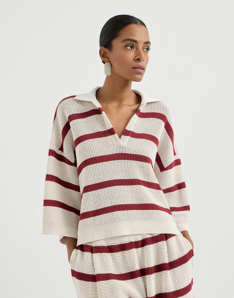 Cotton striped net knit polo shirt 2