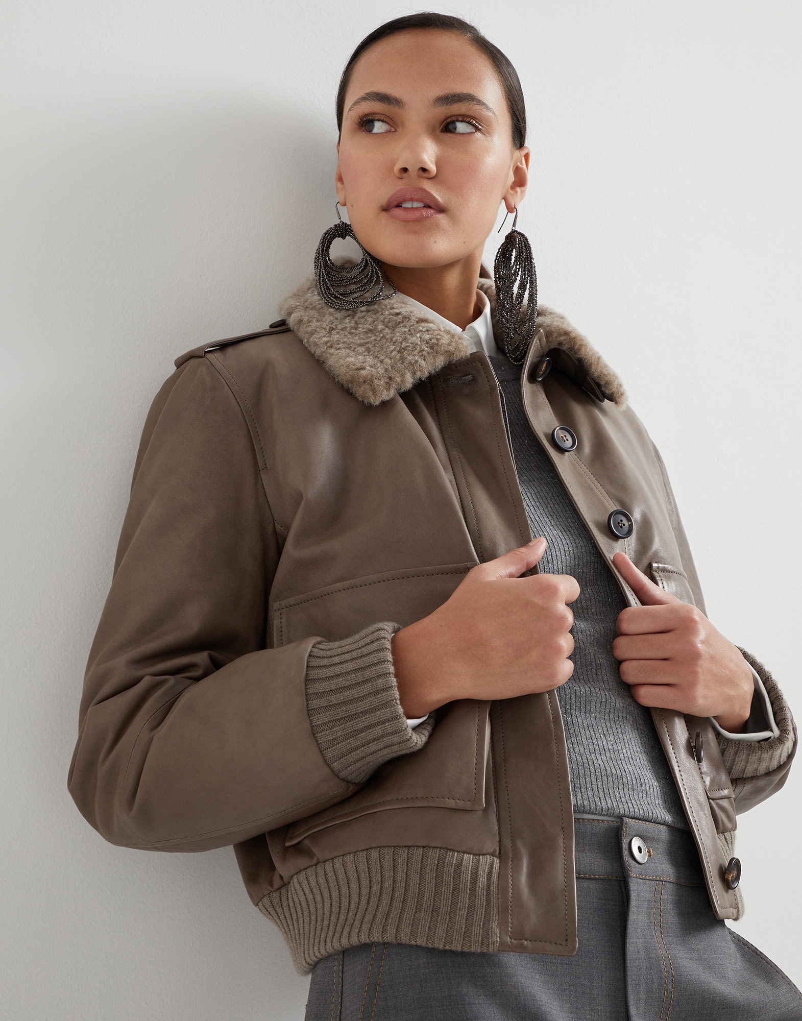 Country nappa leather padded outerwear jacket with detachable shearling collar and monili - 4