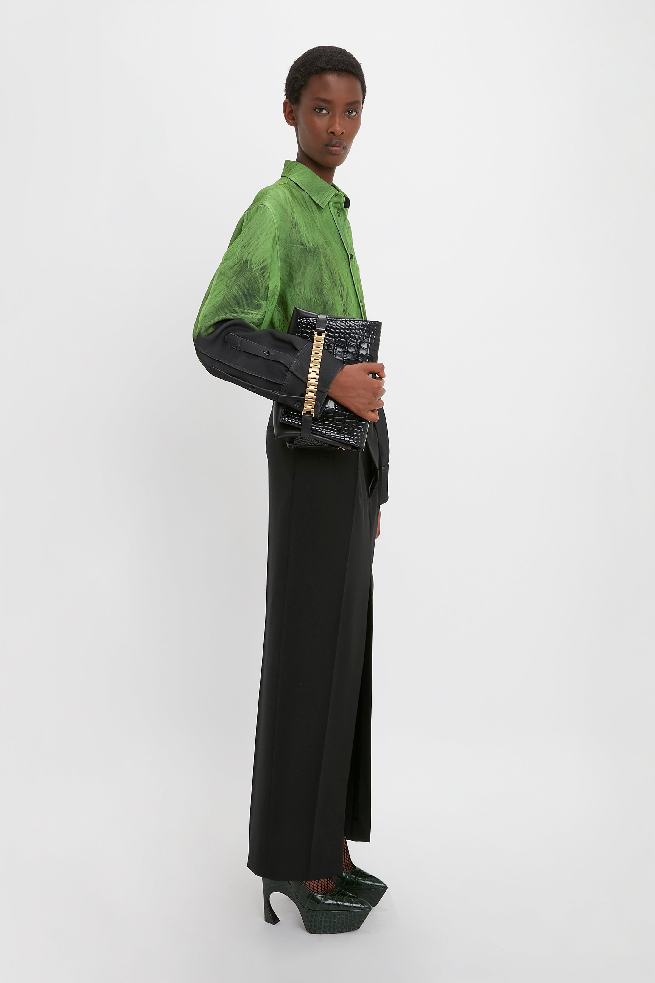 Oversized Digital Feather Print Shirt in Black-Green - 9