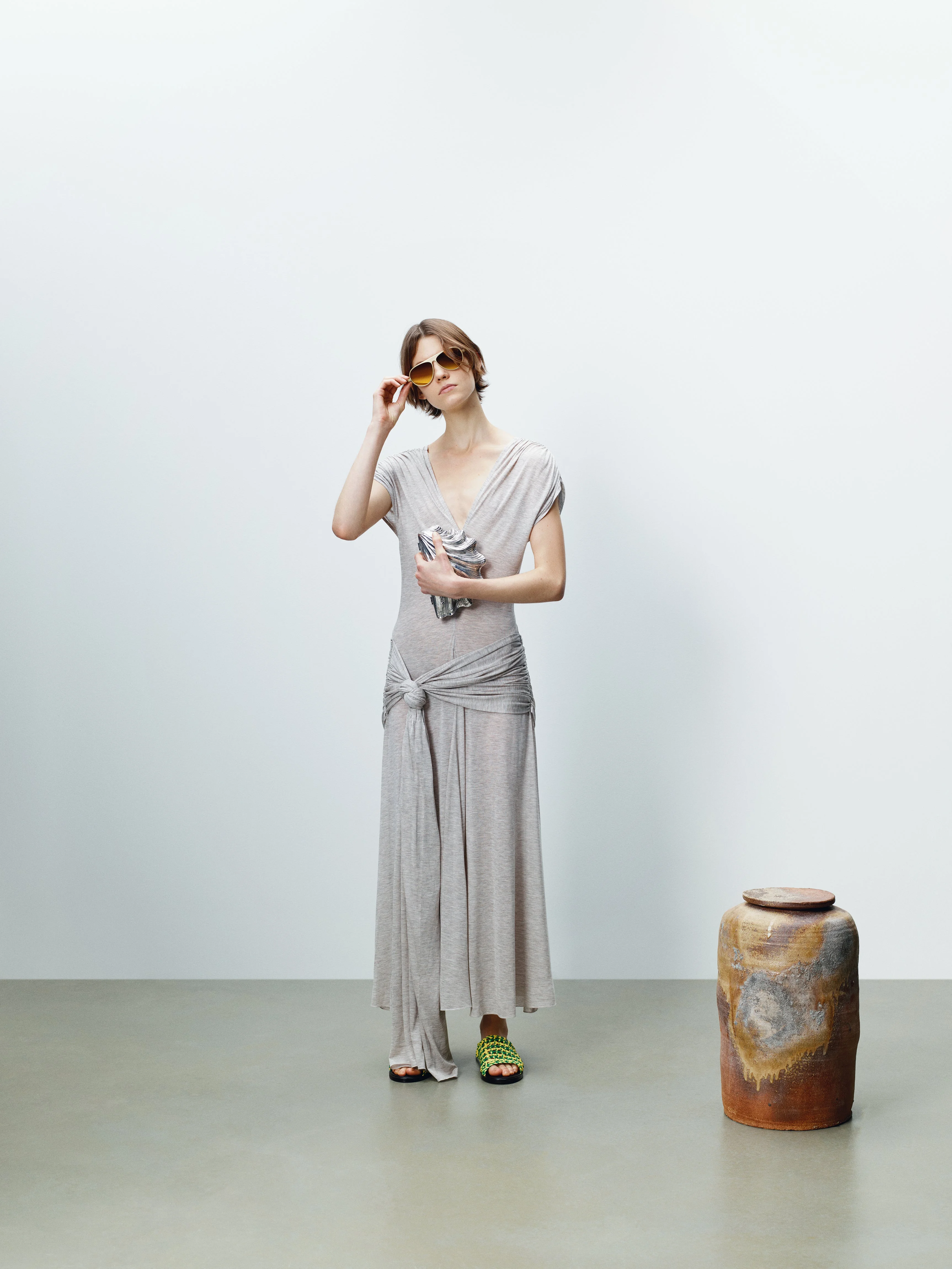 WOMENS KNOTTED WAIST LONGLINE DRESS IN OATMEAL MELANGE - 1