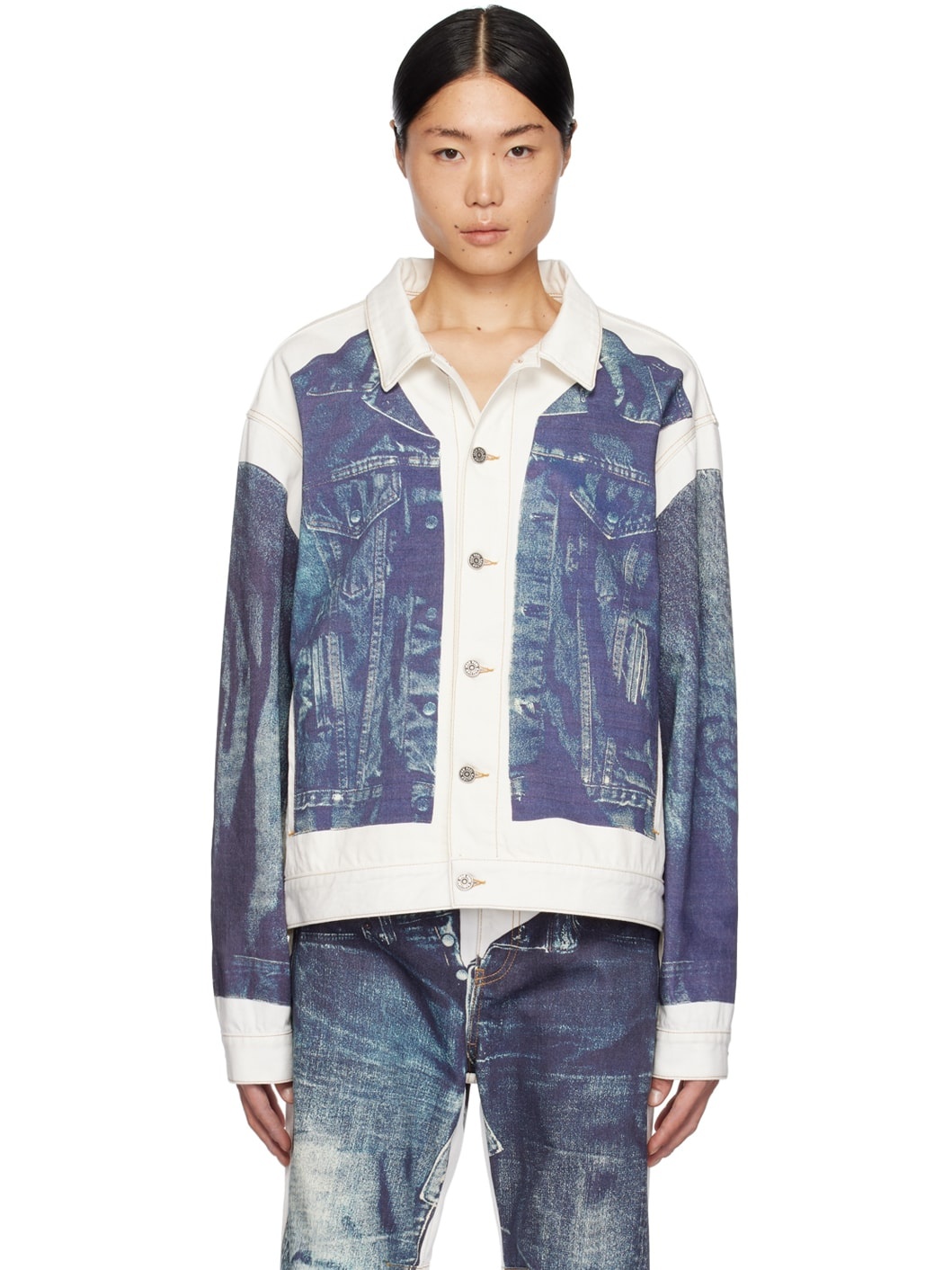 White & Blue Trompe L'œil Denim Jacket - 1