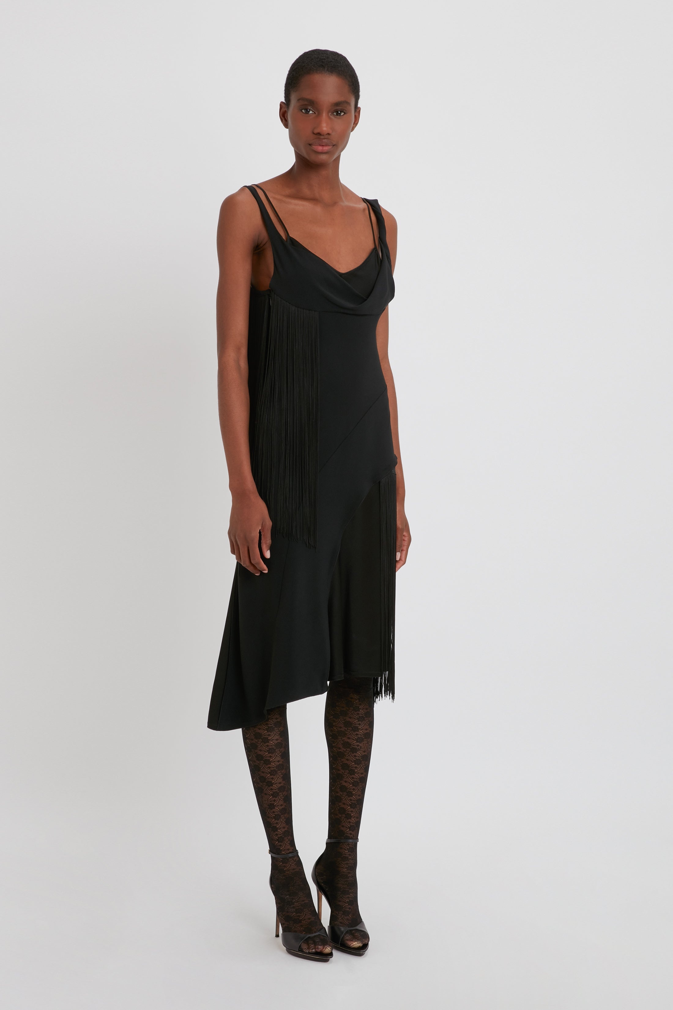 Asymmetric Fringe Mini Dress In Black - 3