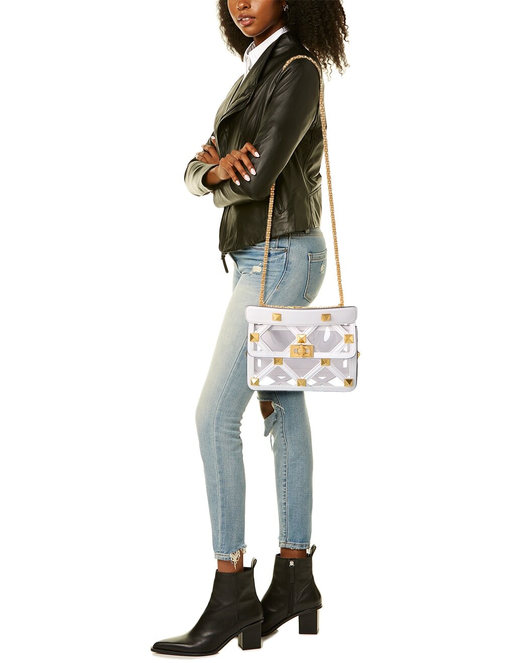 Valentino Roman Stud Medium Leather & Vinyl Shoulder Bag - 4