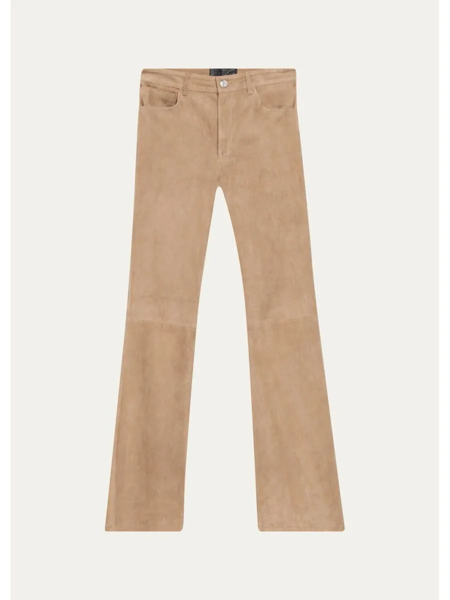 5 Pocket Mid-Rise Suede Flared Pants - 1
