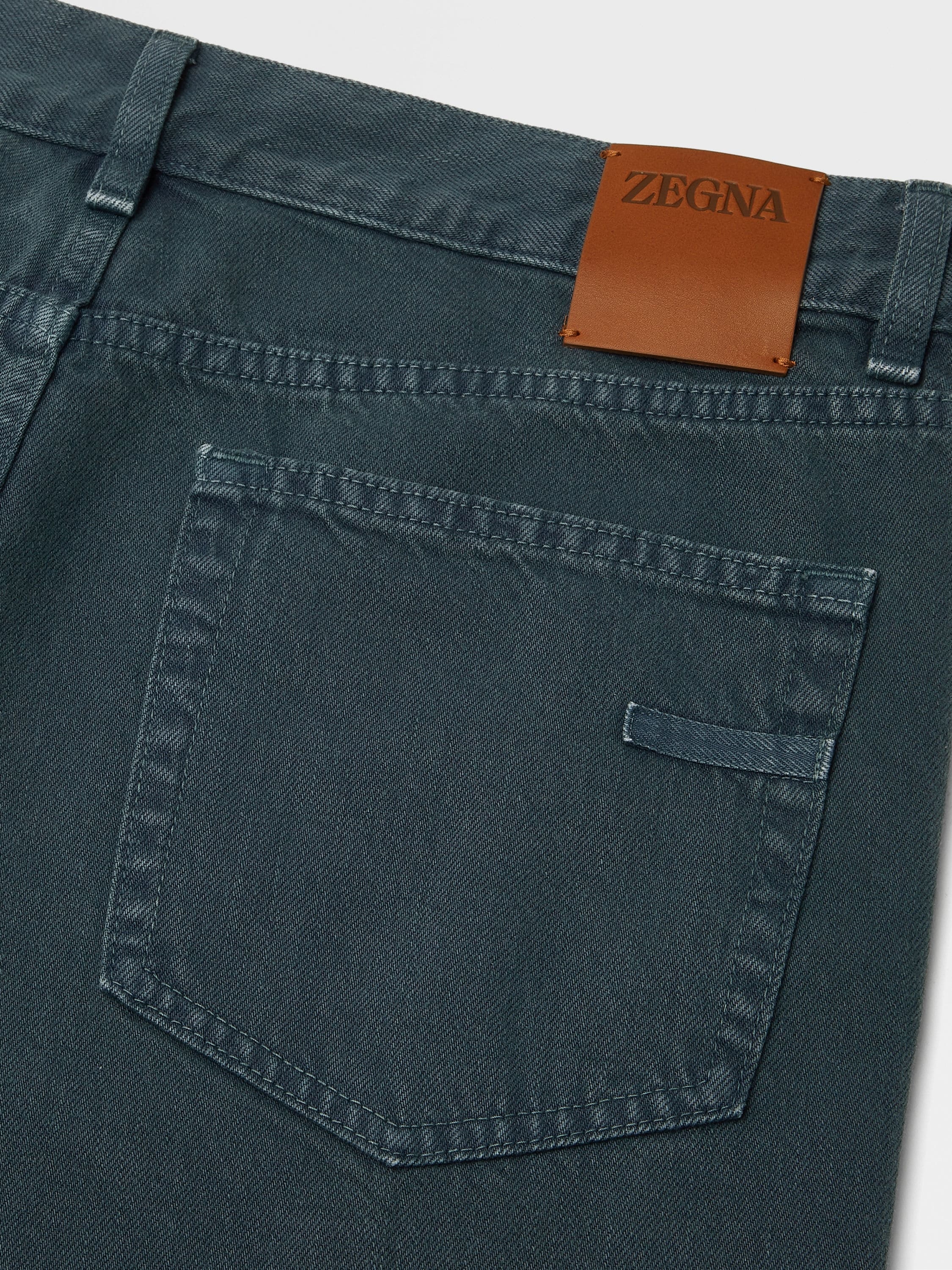 DARK TEAL BLUE STONE-WASHED COTTON ROCCIA JEANS - 3