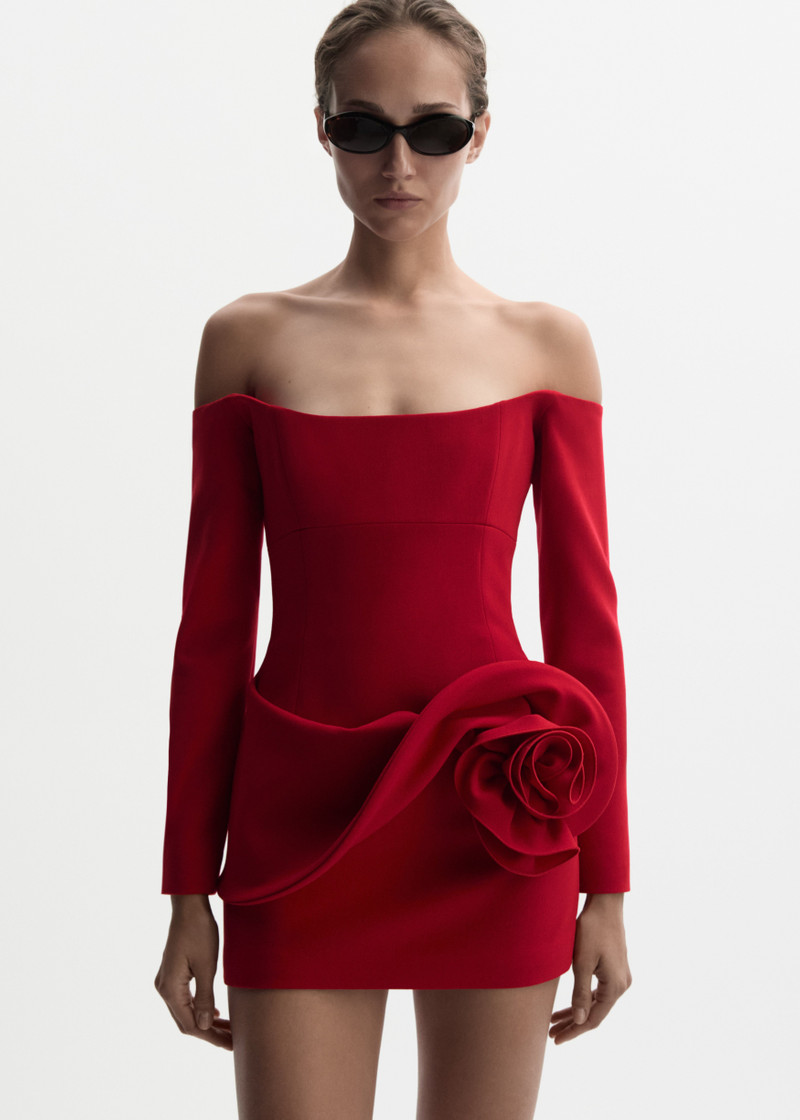 MAGDA BUTRYM Off shoulder mini dress with floral hip detail in red outlook