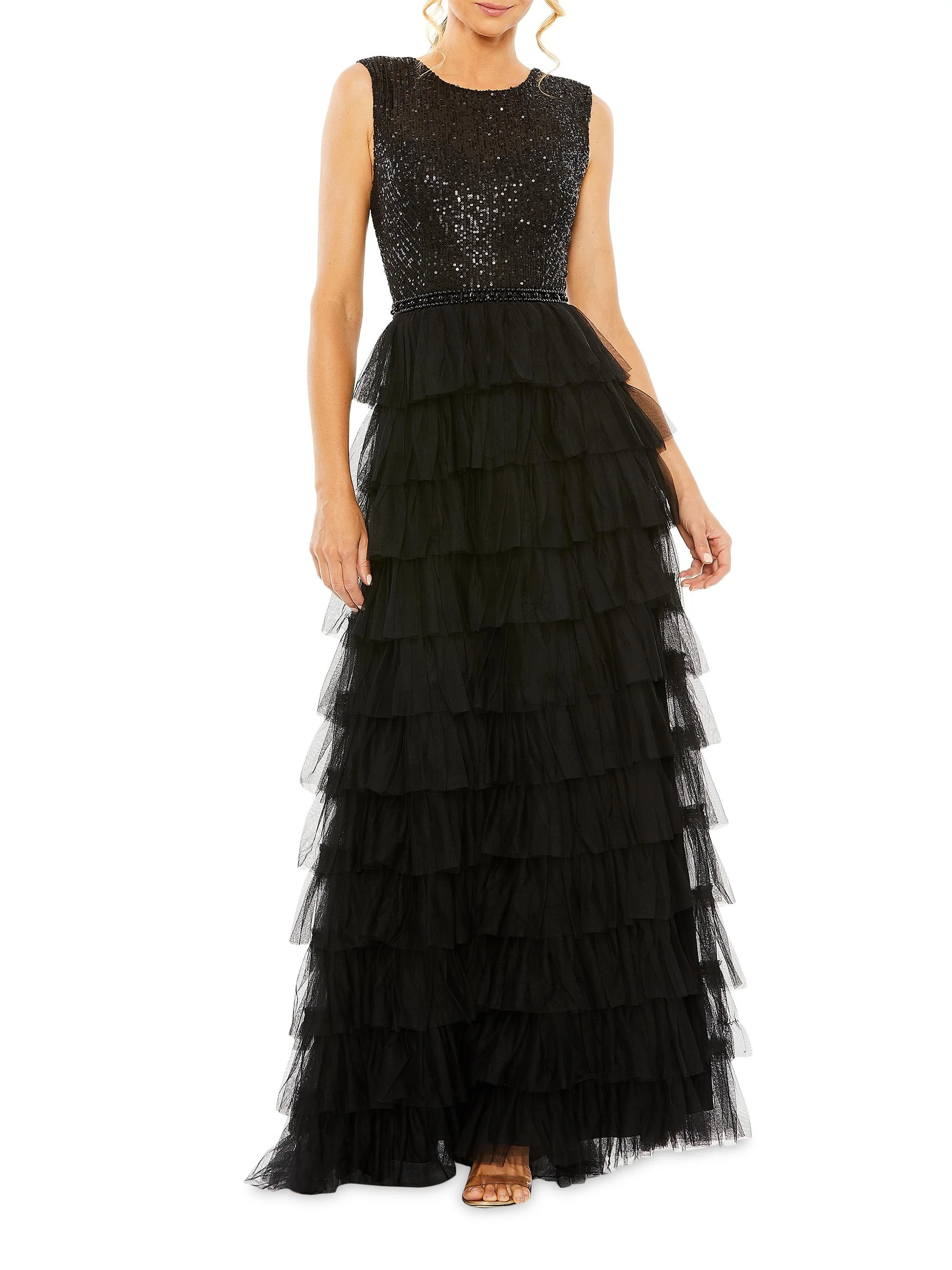Women's Sequin Tulle Ruffled Gown - Black - 1